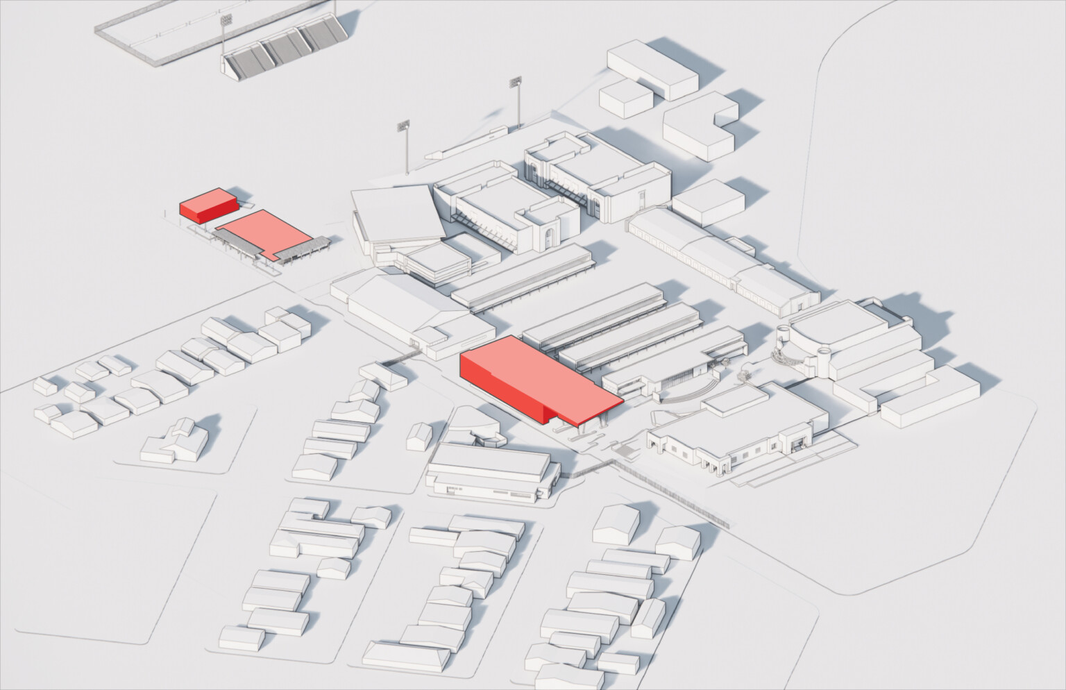 Rendering of Roseville High School in all white with buildings outlined in grey, with two buildings highlighted in red