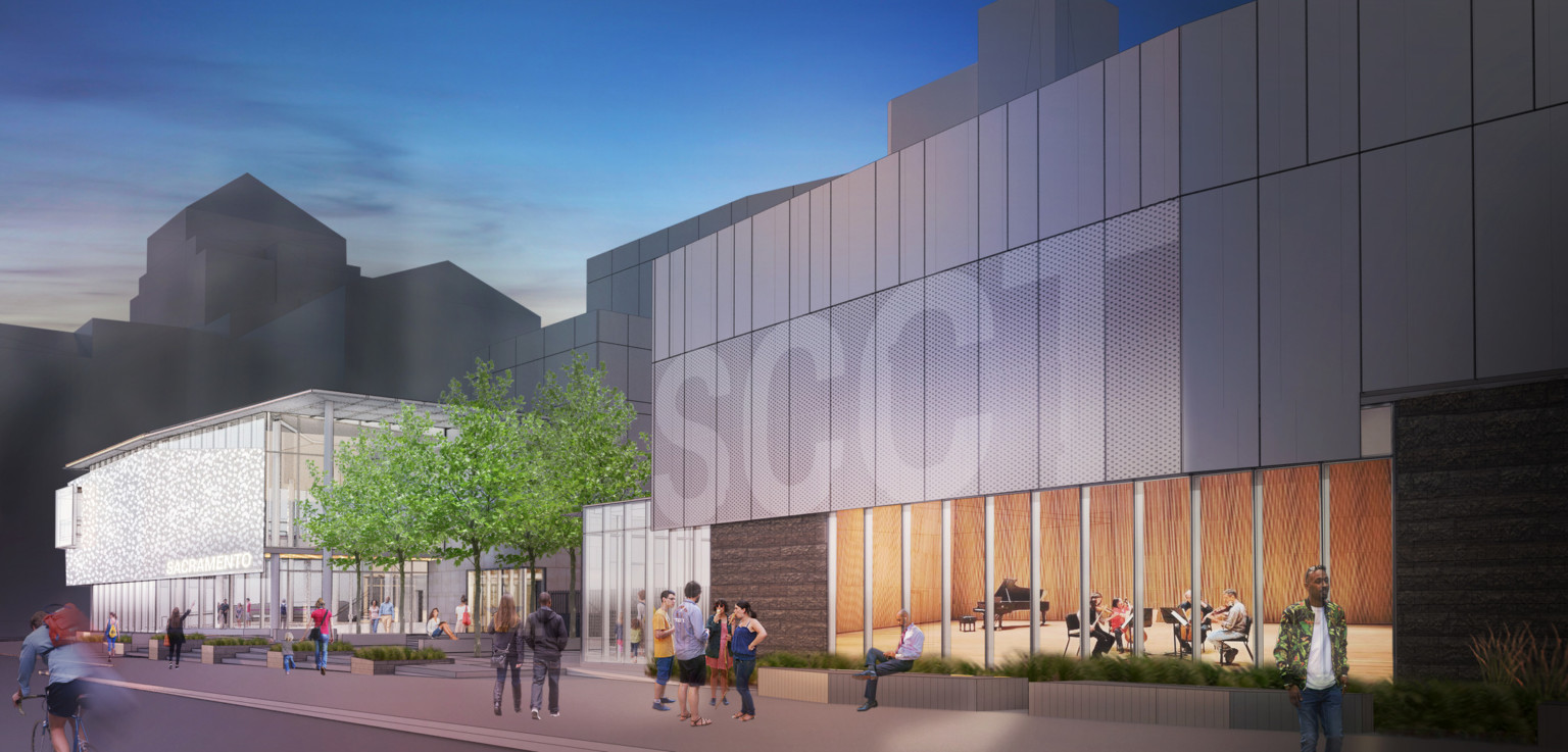 Sacramento Community Center Theater entrance rendering. SCOT written on grey 2 story building, right, glass building left