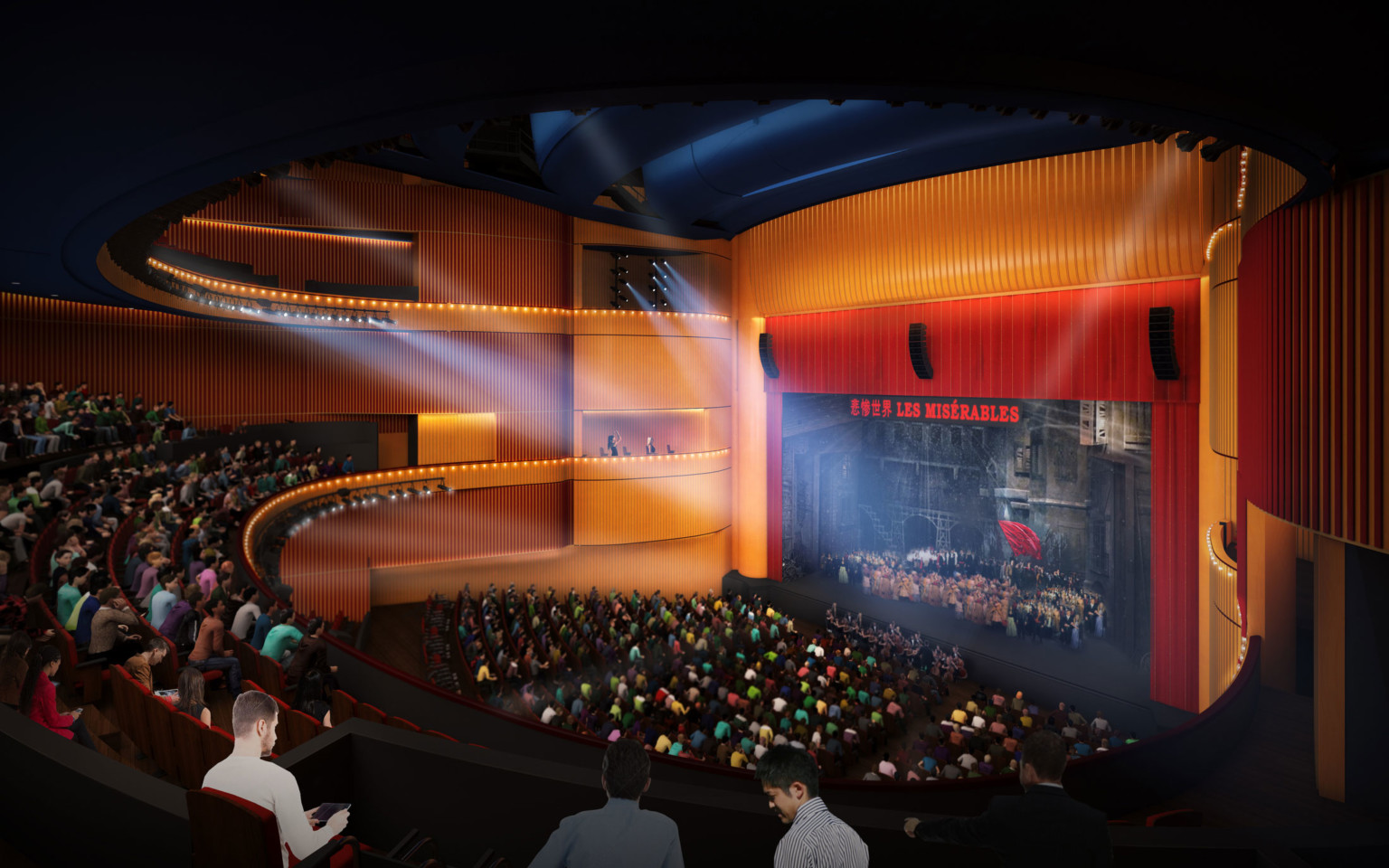 Balcony view of concept for North Bund Theater with audience watching a performance of Les Miserables in wood panel theater
