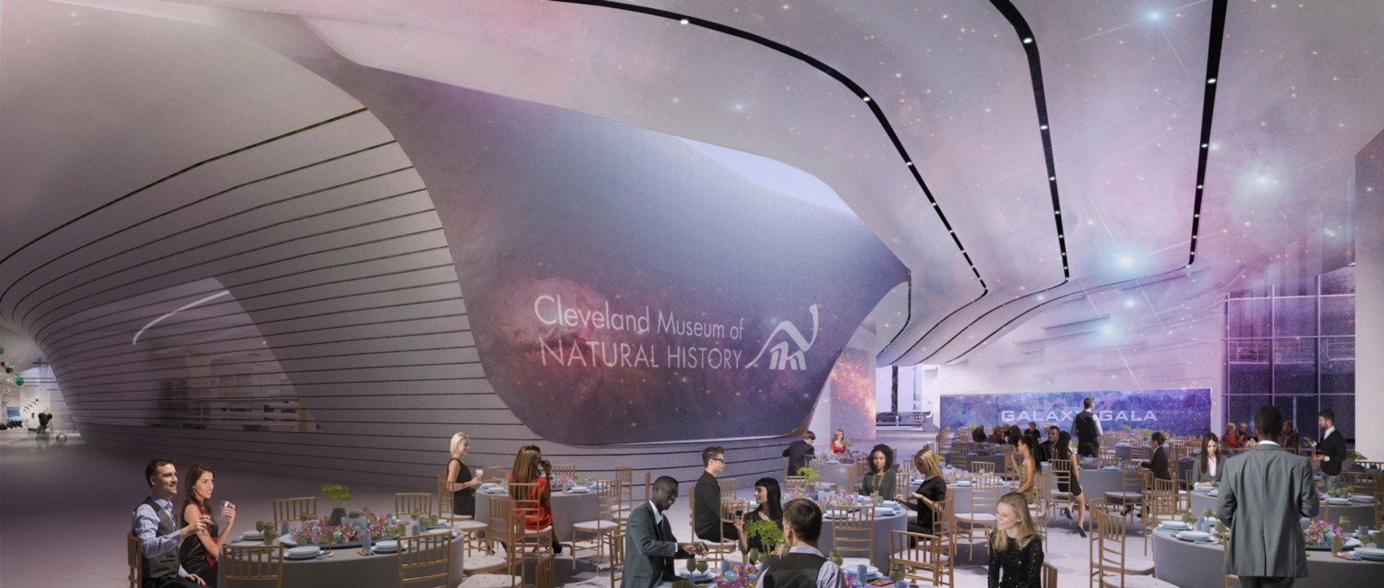 rendering of interior gala with people around tables with purple lighting and Cleveland Museum of Natural History Sign