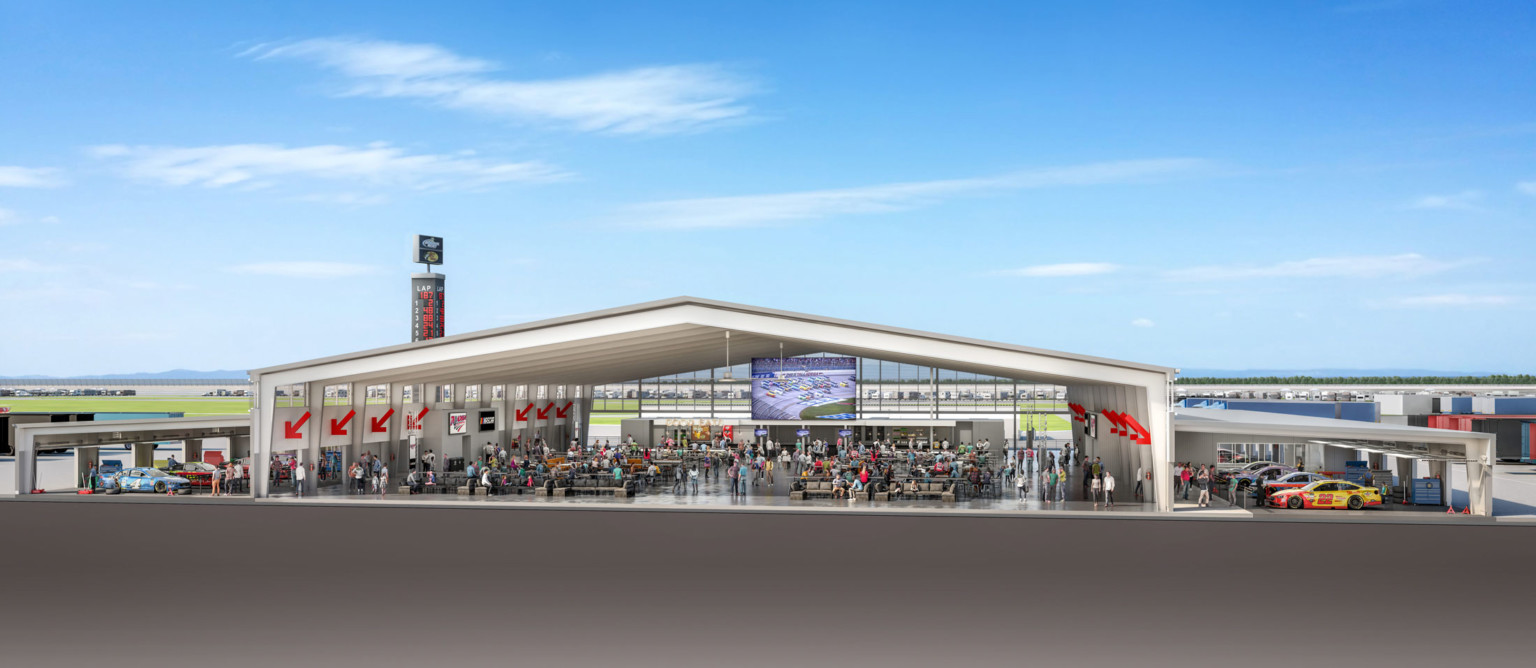 rendering of a infield at speedway featuring a seating area with a clear blue sky rendering of a infield at speedway featuring a seating area with a clear blue sky