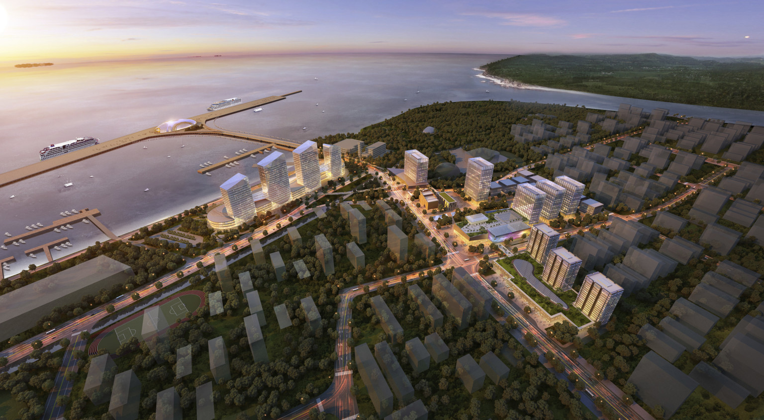 design concept for smart city near shanghai. Multiple high rises along central road stretching across water to docked ships design concept for smart city near shanghai. Multiple high rises along central road stretching across water to docked ships
