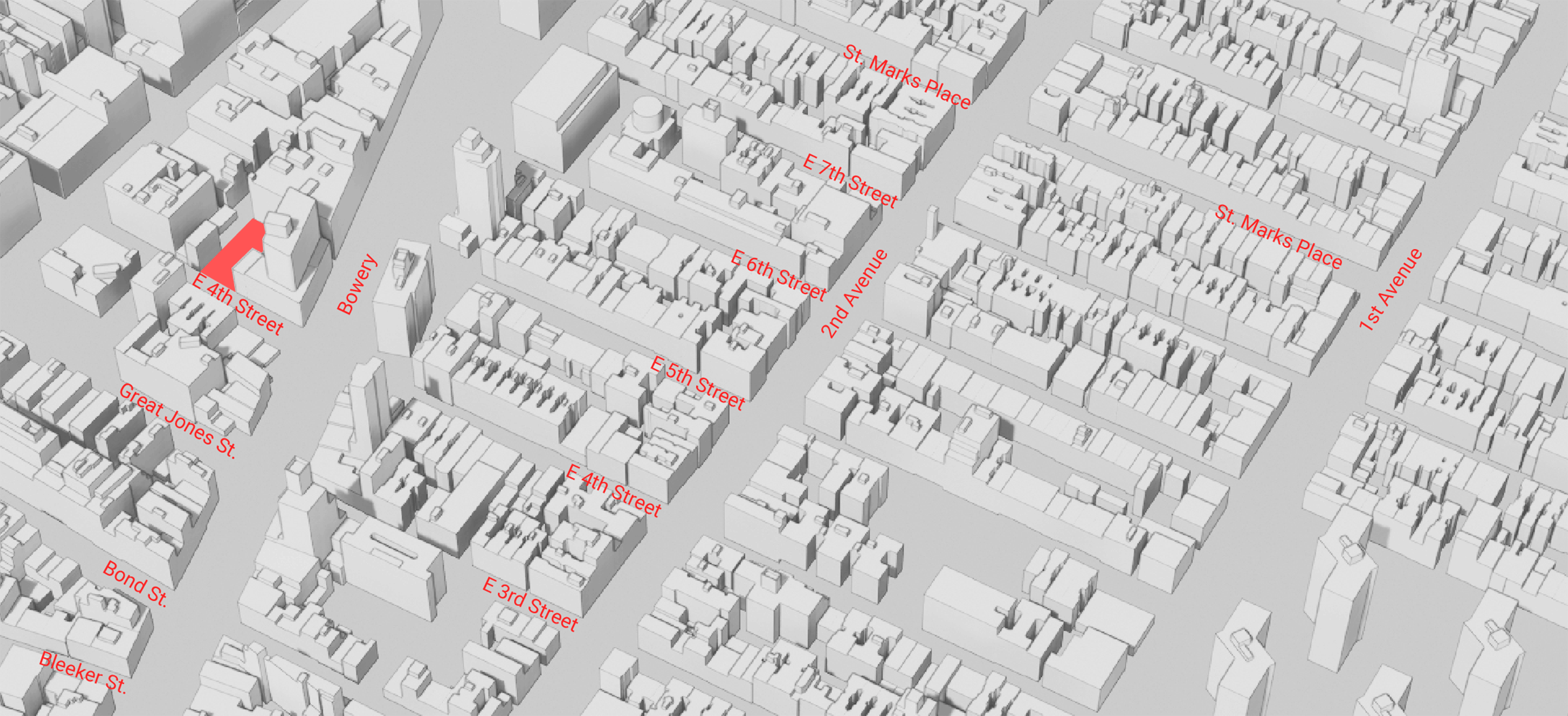 map of new york's lower east side highlighting buildings in red