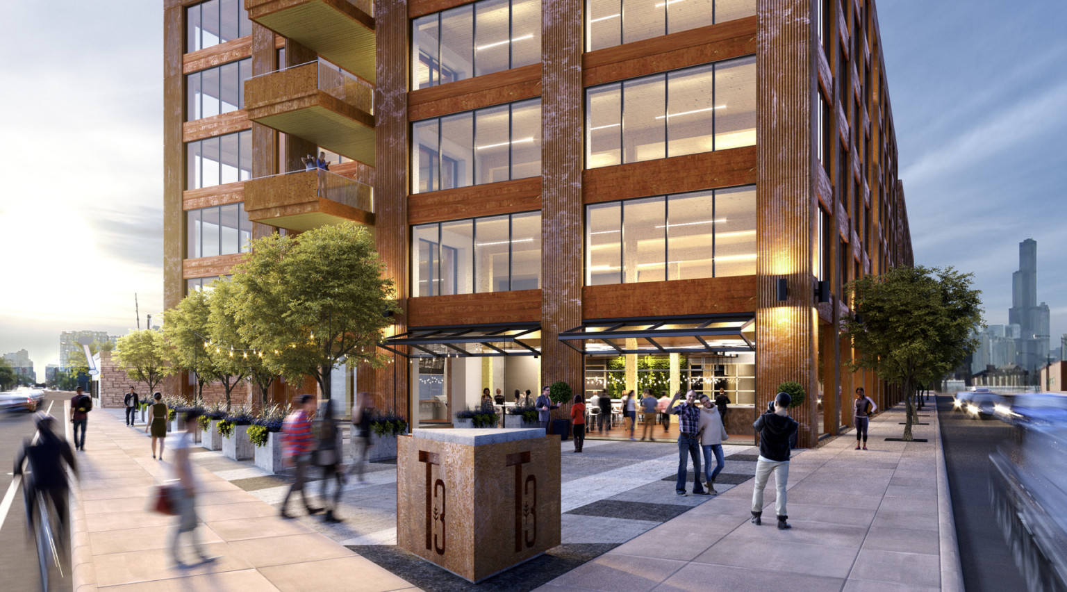 Concept for a mass timber building in chicago, warm copper exterior with overhanging balconies. T3 cubic sign at corner