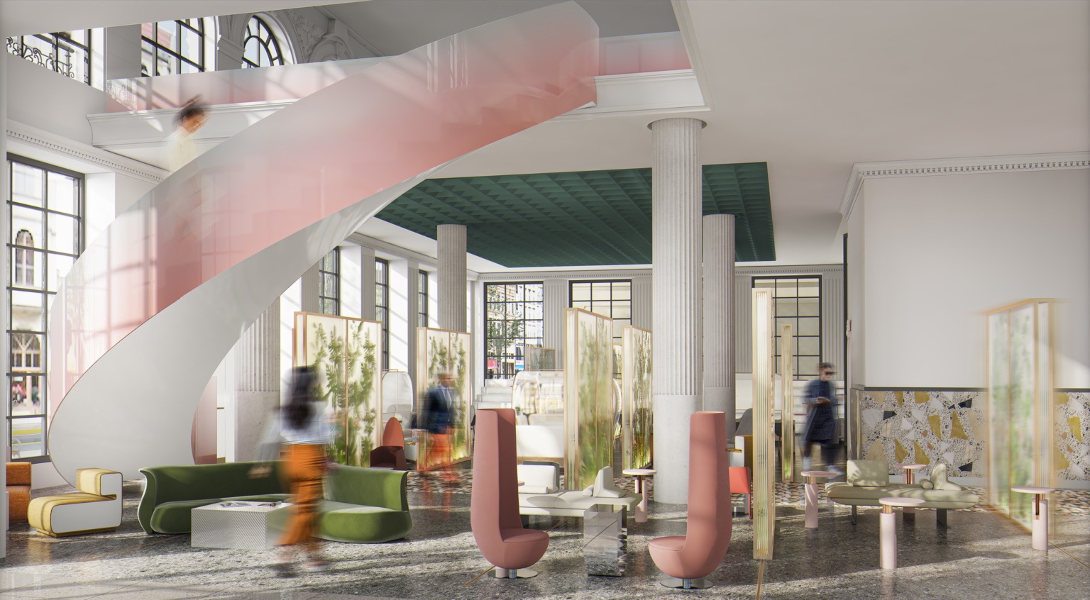 colorful and bright hotel lobby with millennial pink chairs, spiral staircase, and partitions colorful and bright hotel lobby with millennial pink chairs, spiral staircase, and partitions