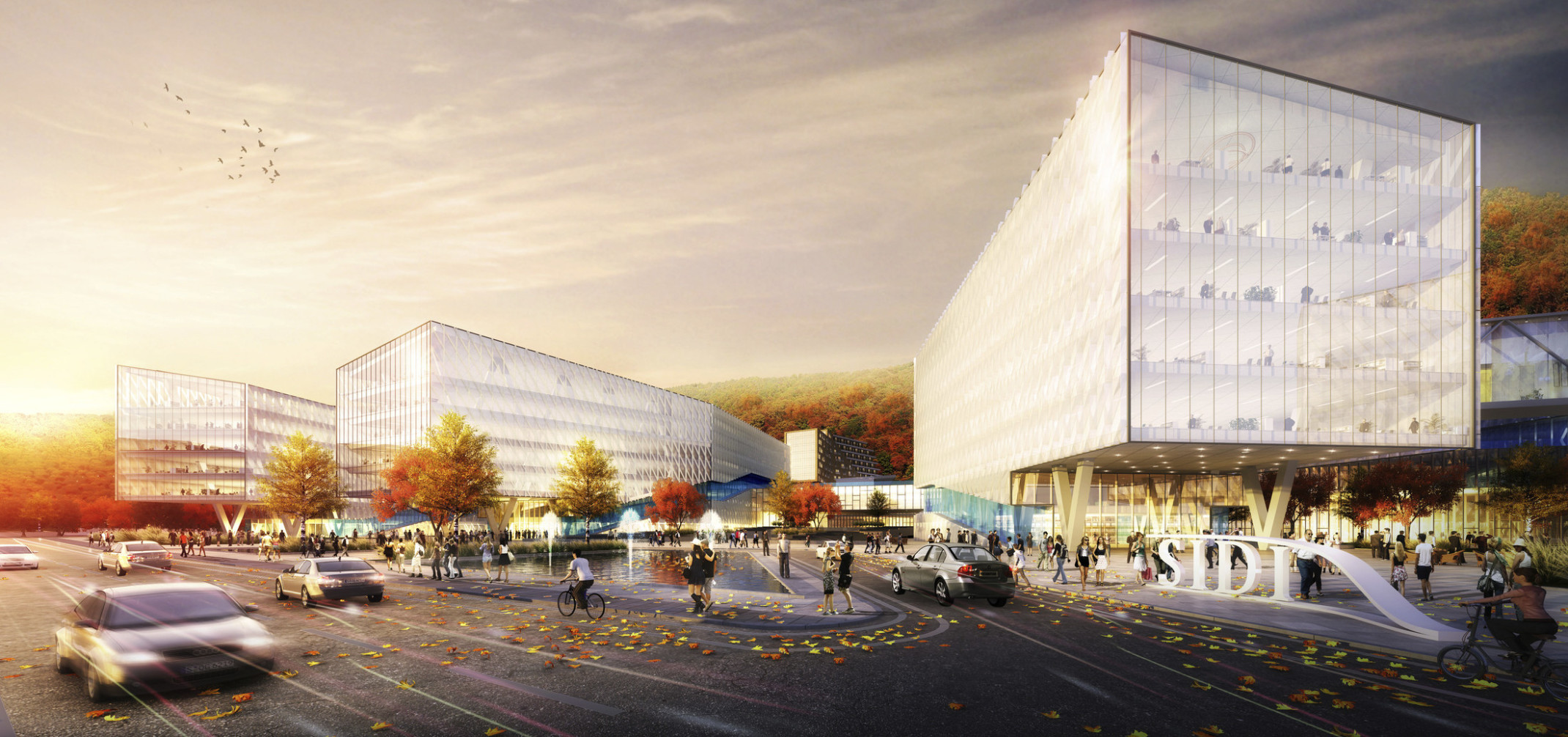 Rendering of exterior view of 3 buildings for the Shenzhen Institute of Design and Innovation