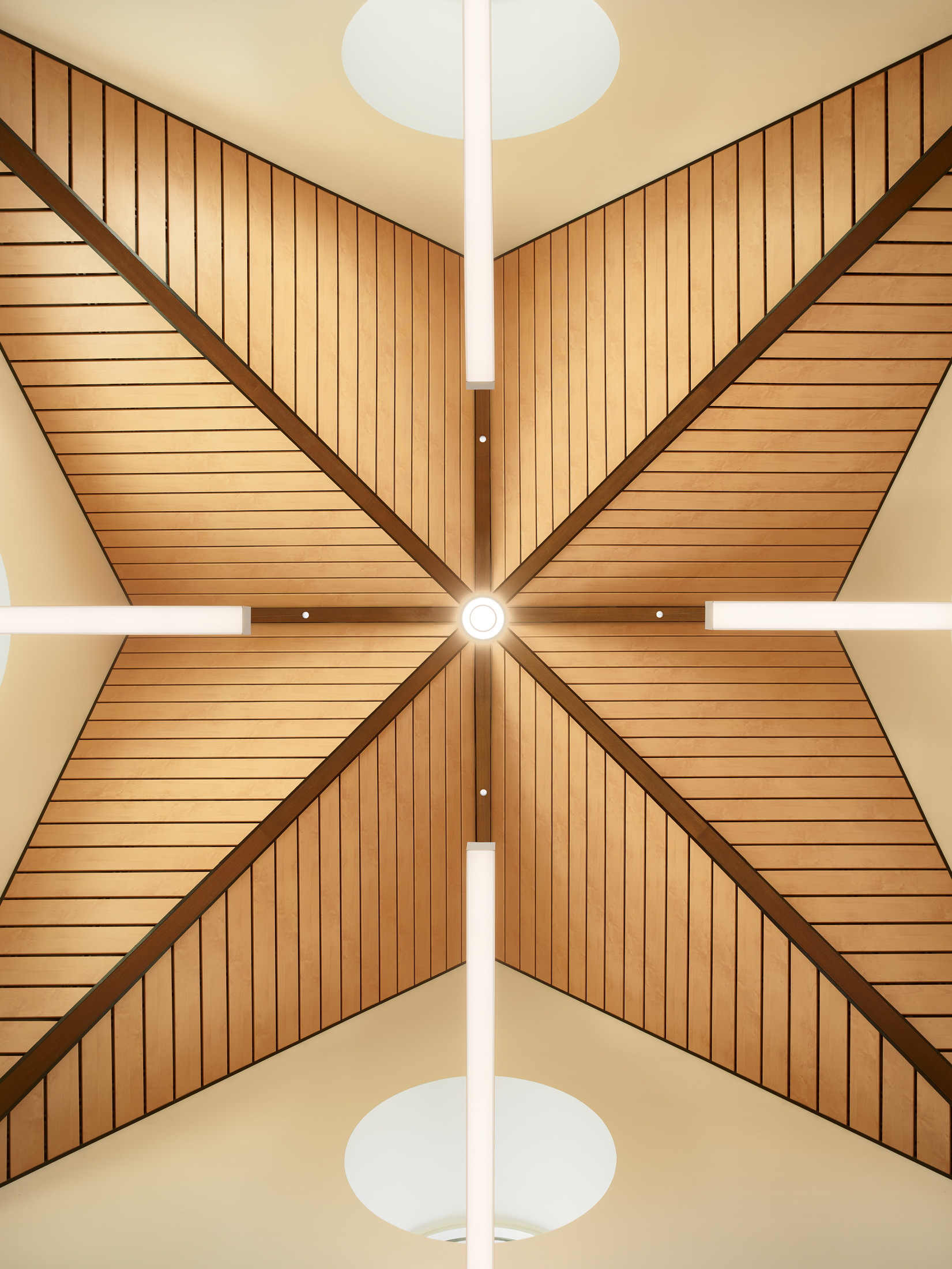 ceiling detail at the Madonna Rehabilitation Hospital resembling a four point star