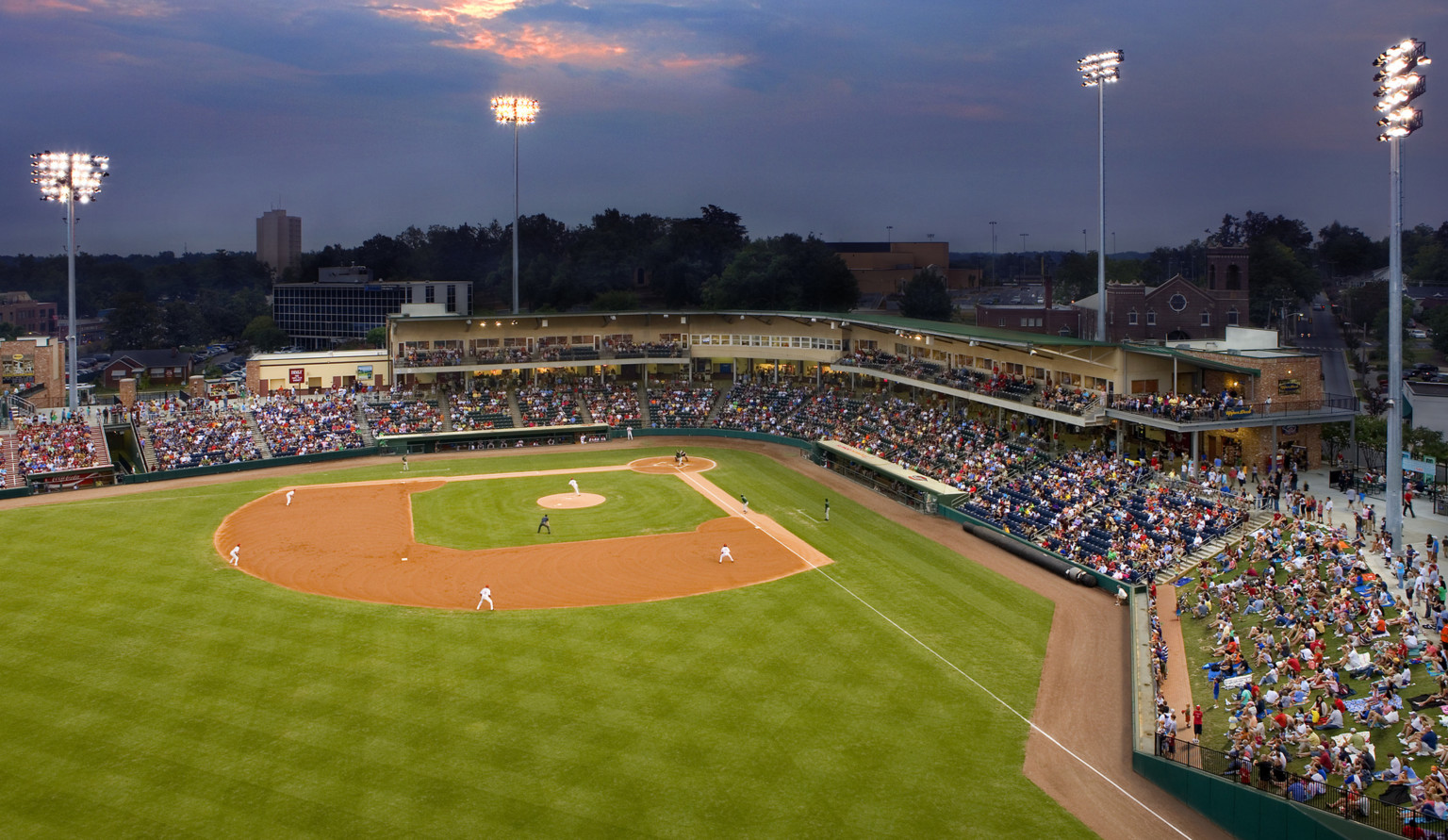 Fluor Field, home to the Greenville Drive, from above, with lawn seating by 3rd base foul line, and suites behind home plate