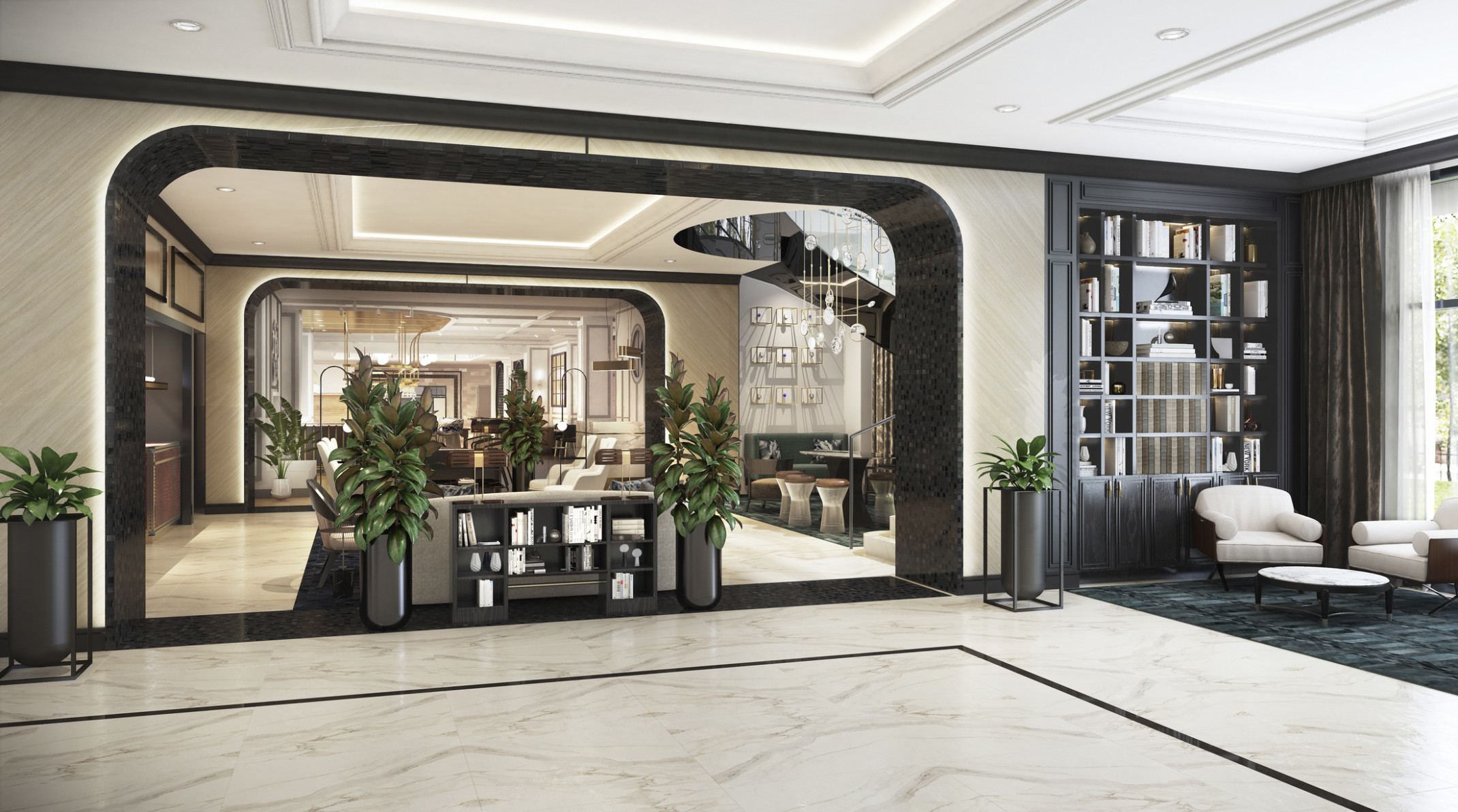 The Vanguard Hotel, Autograph Collection lobby with cream colored rooms divided by wide illuminated archways The Vanguard Hotel, Autograph Collection lobby with cream colored rooms divided by wide illuminated archways