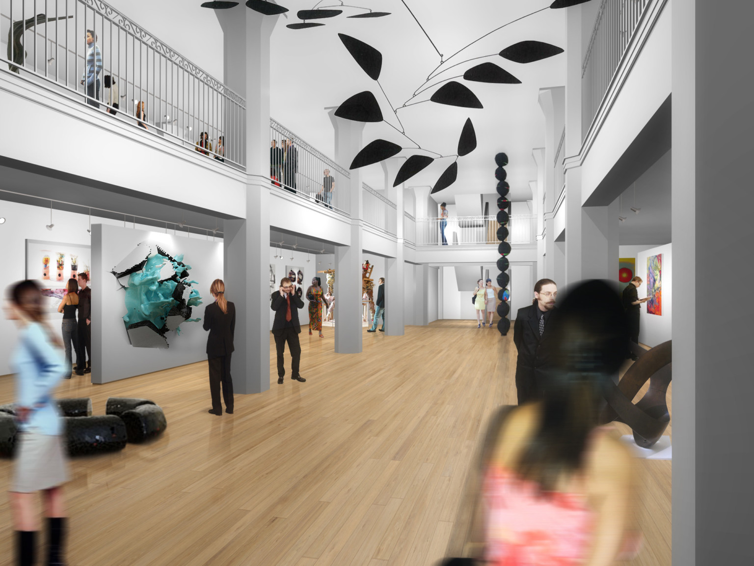 Rendering of white art gallery with two stories with cutout in center, white metal bannisters line the second floor separated by large pillars