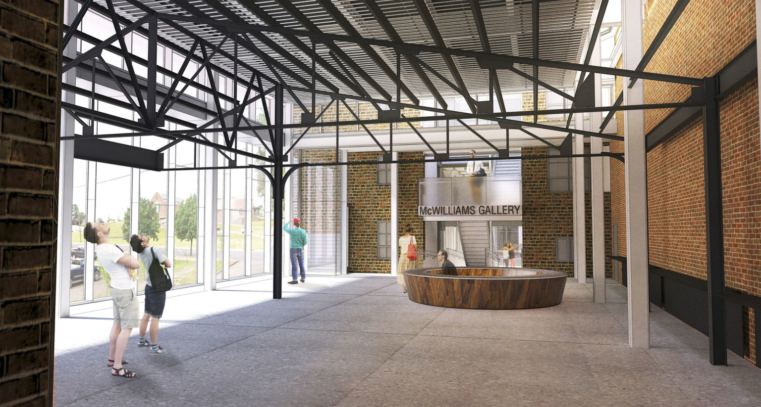 reception area with industrial steel trusses