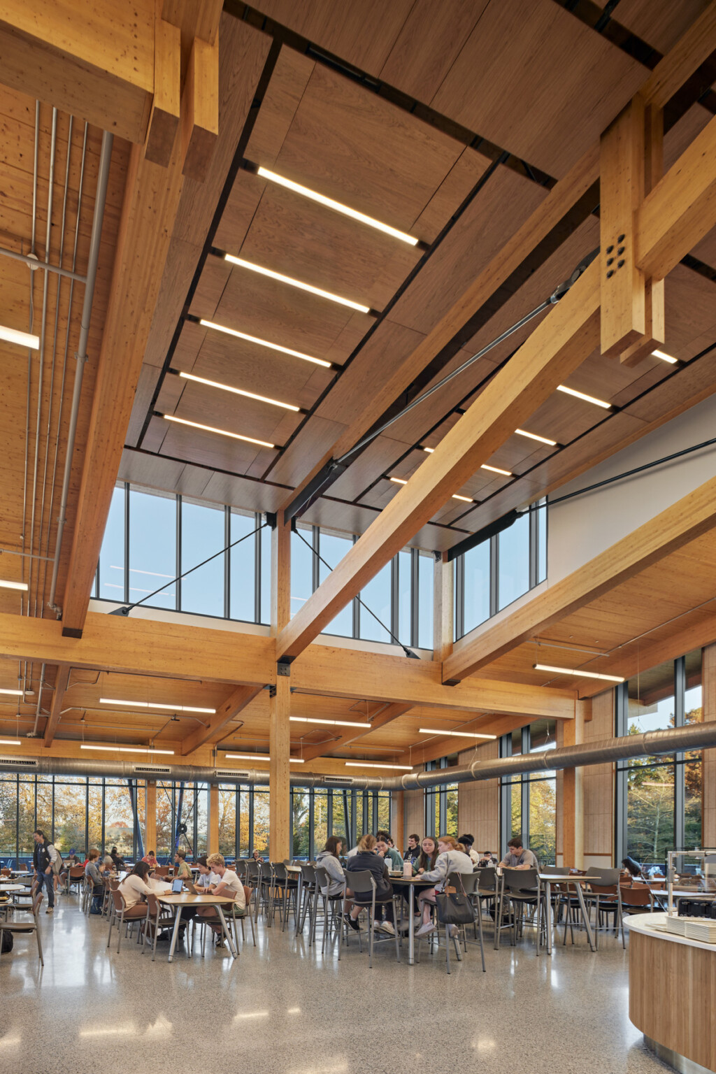 Main dining area with high mass timber wood ceiling with skylight and hanging wood slat details over mixed seating types