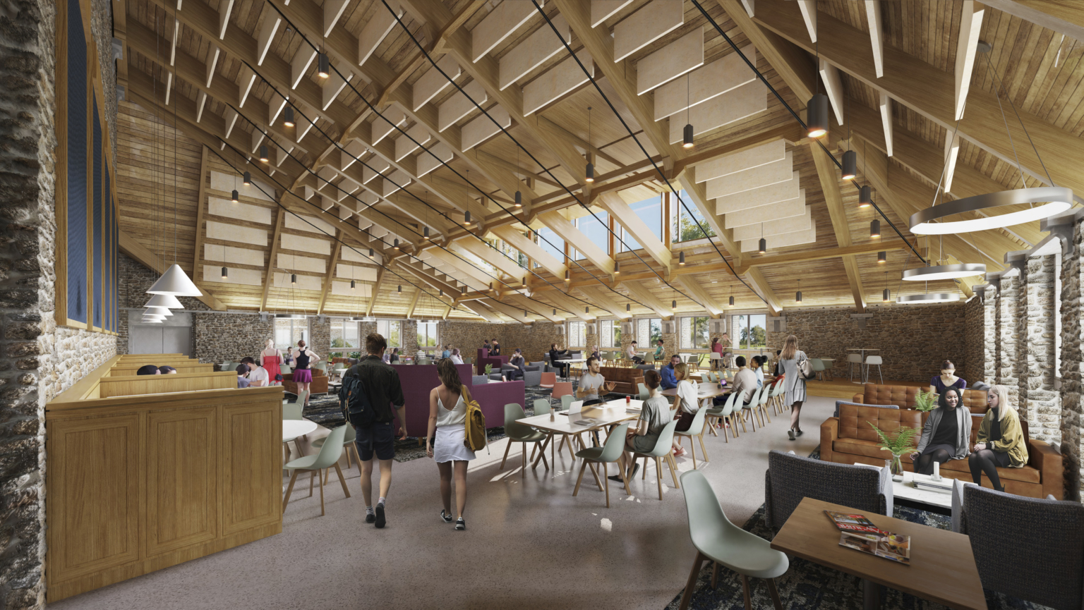 Main dining area with high ceilings, skylights, dining tables, and private seating at Swarthmore College Dining and Community Commons.