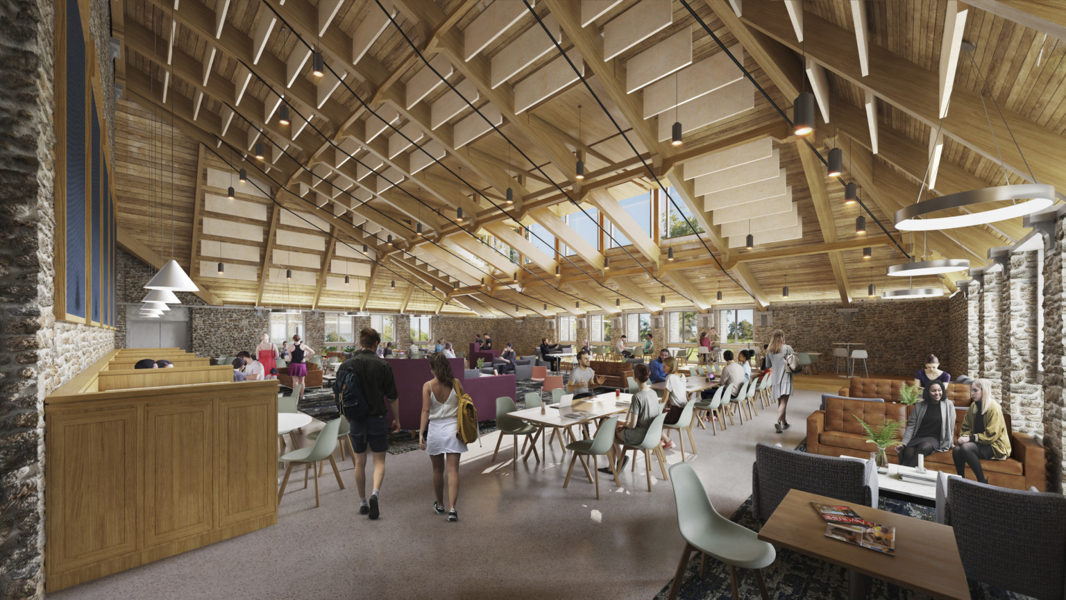 Main dining area with high wood ceiling with skylight and hanging wood slat details over mixed seating types Main dining area with high wood ceiling with skylight and hanging wood slat details over mixed seating types