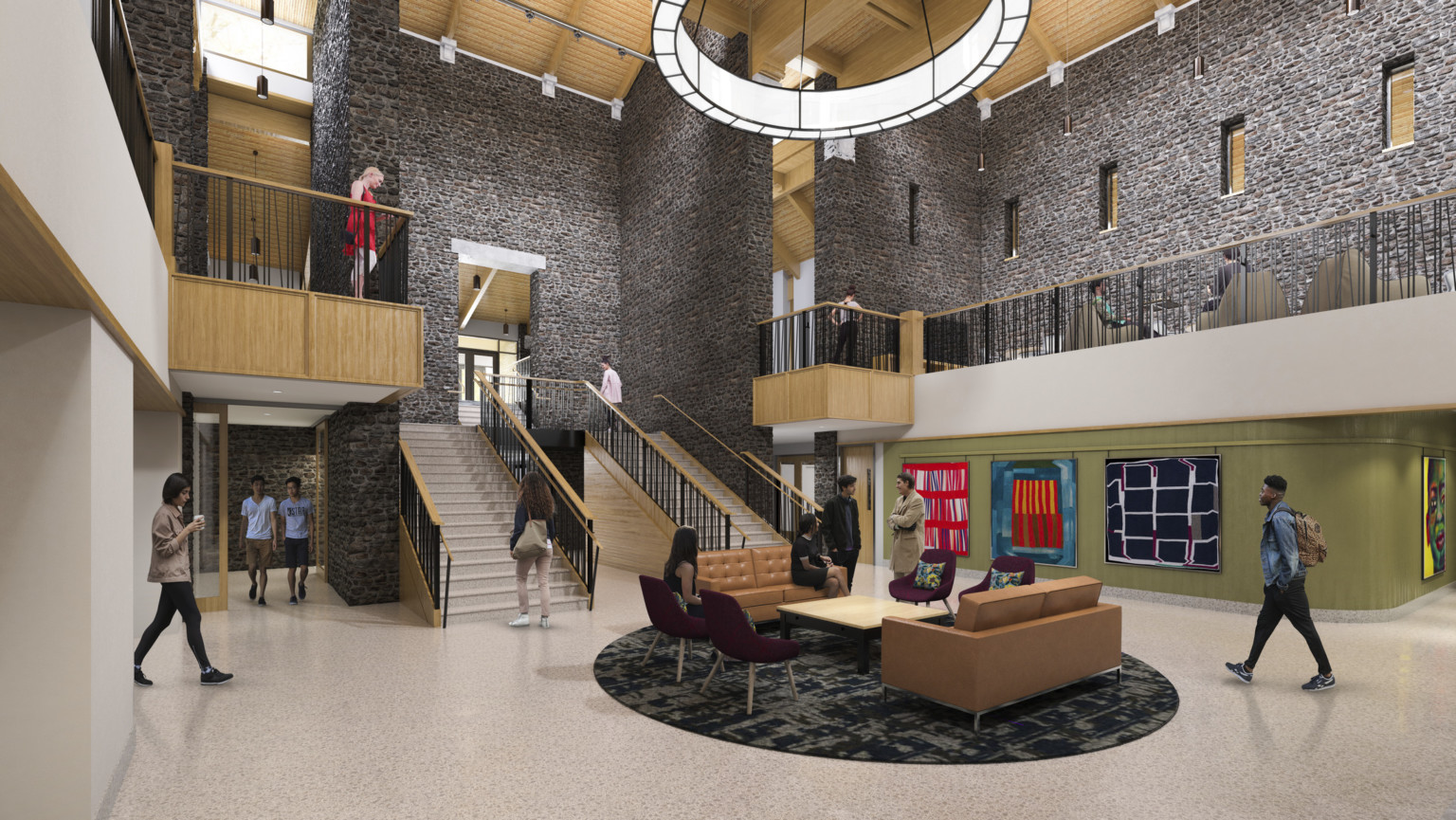 Atrium with large circular chandelier above 1st floor seating area with green wall, 2nd floor walkway with exposed brick