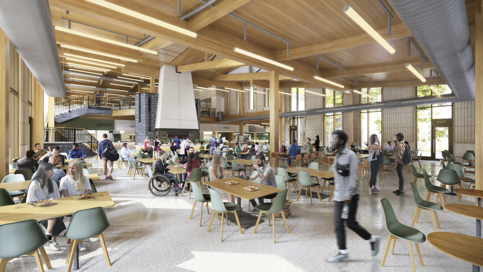 Main dining area with wood beams and ceiling, flexible seating, and plenty of natural daylight at Swarthmore College Dining and Community Commons.