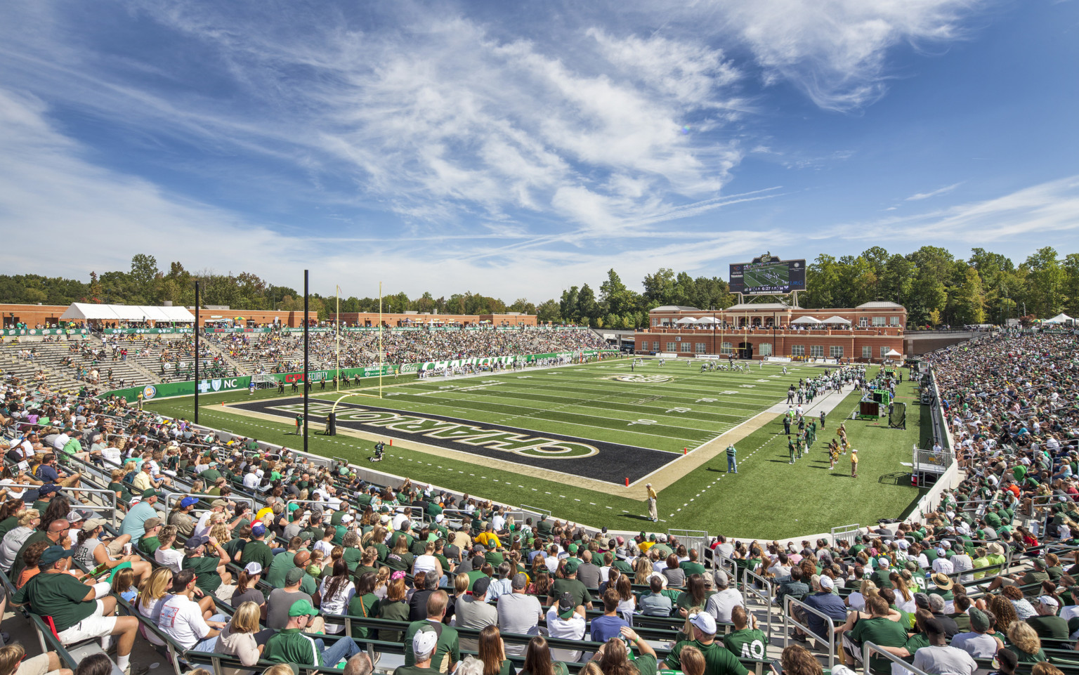 Jerry Richardson Stadium at University of North Carolina Charlotte viewed from stands at end zone corner during game