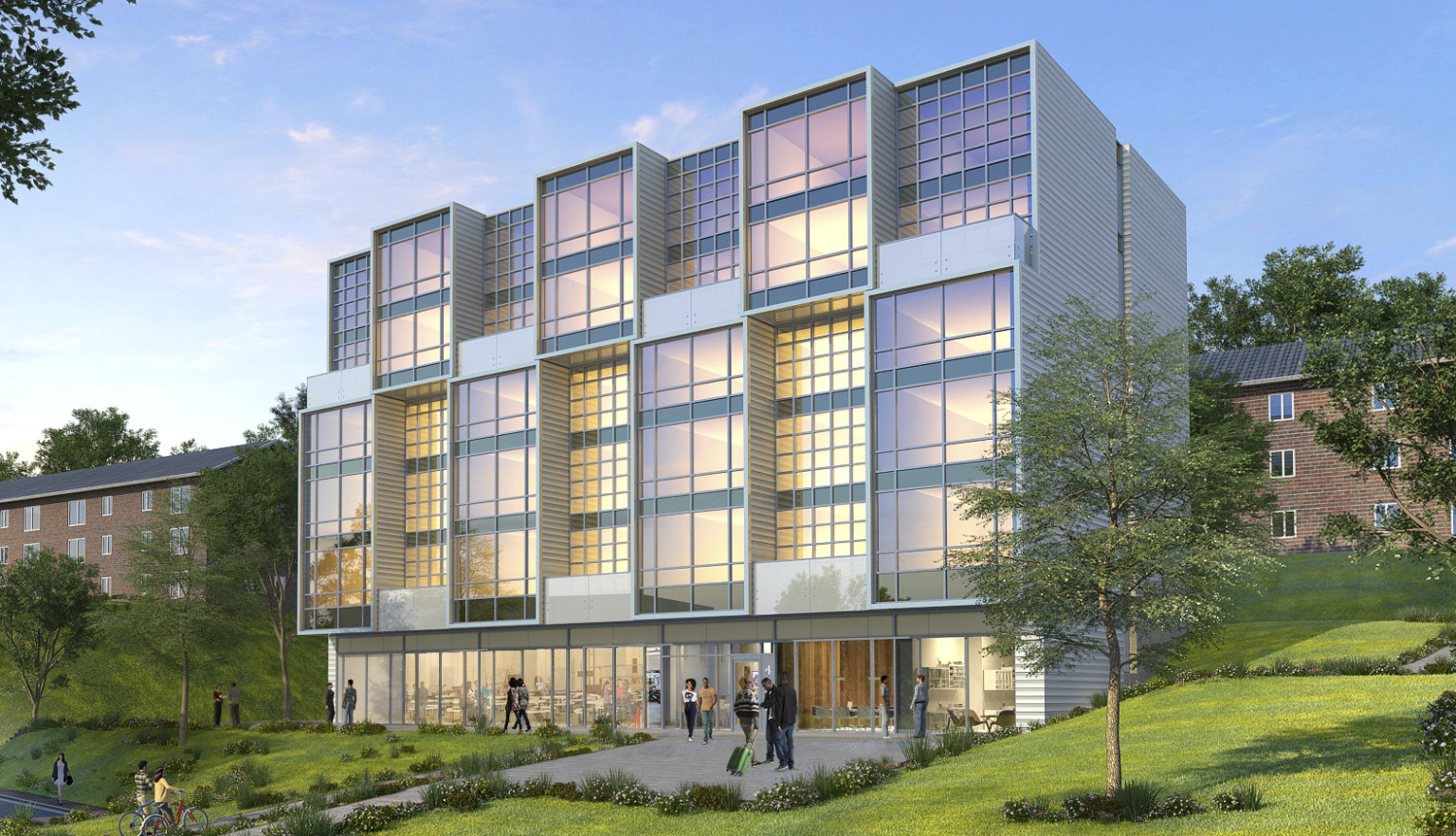 Exterior corner view of a section the Triumph with iridescent square window covered facade with interior rooms visible Exterior corner view of a section the Triumph with iridescent square window covered facade with interior rooms visible