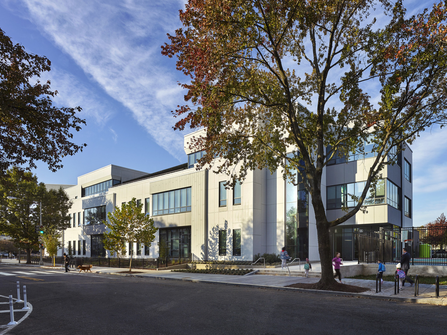 White layered building with windows wrapping around corners. Tree lined sidewalk to above grade entry behind driveway
