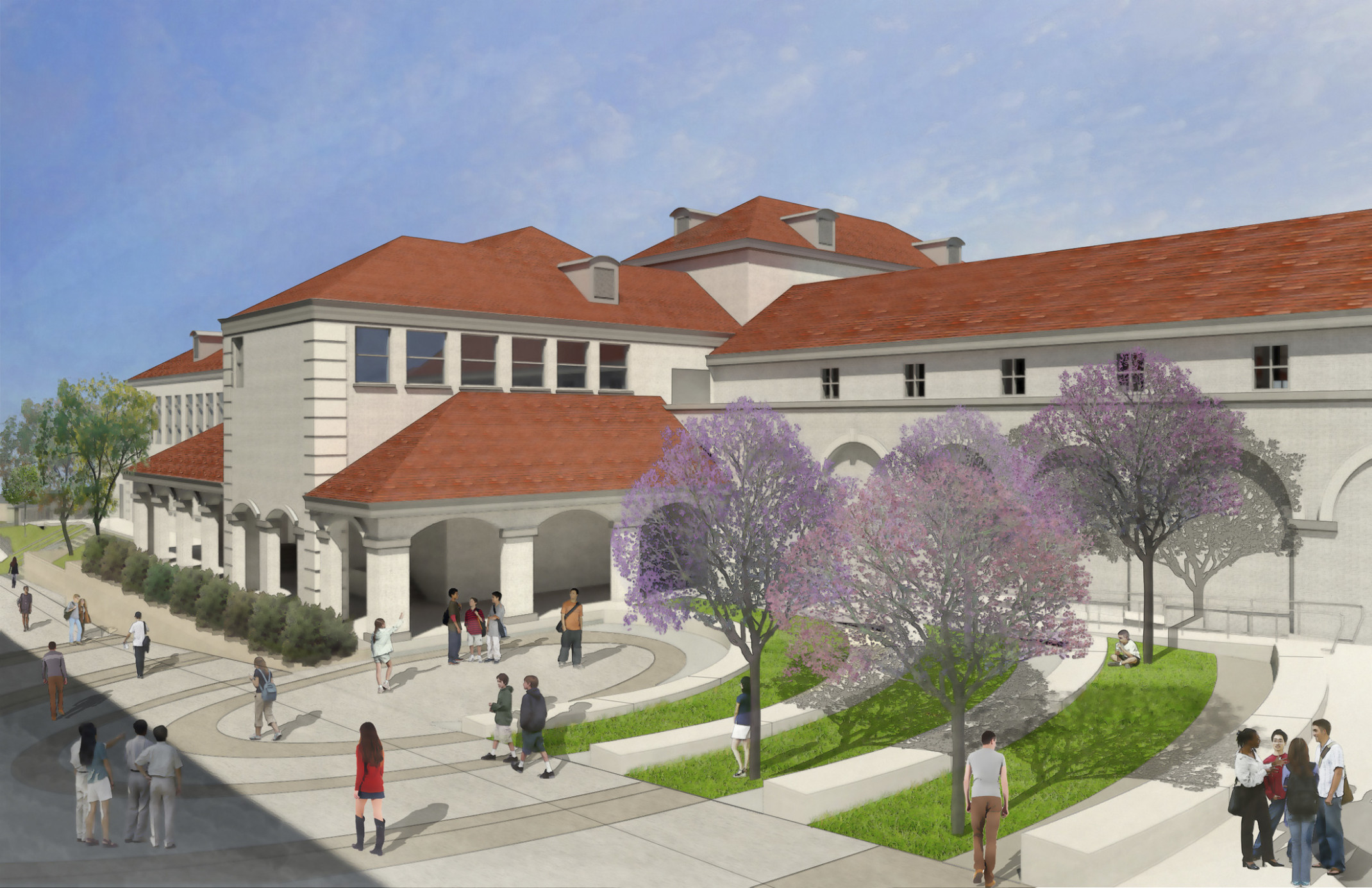 Beverly Hills High School entrance rendering. A white building with red Spanish style roof. Archways line walls, a round path