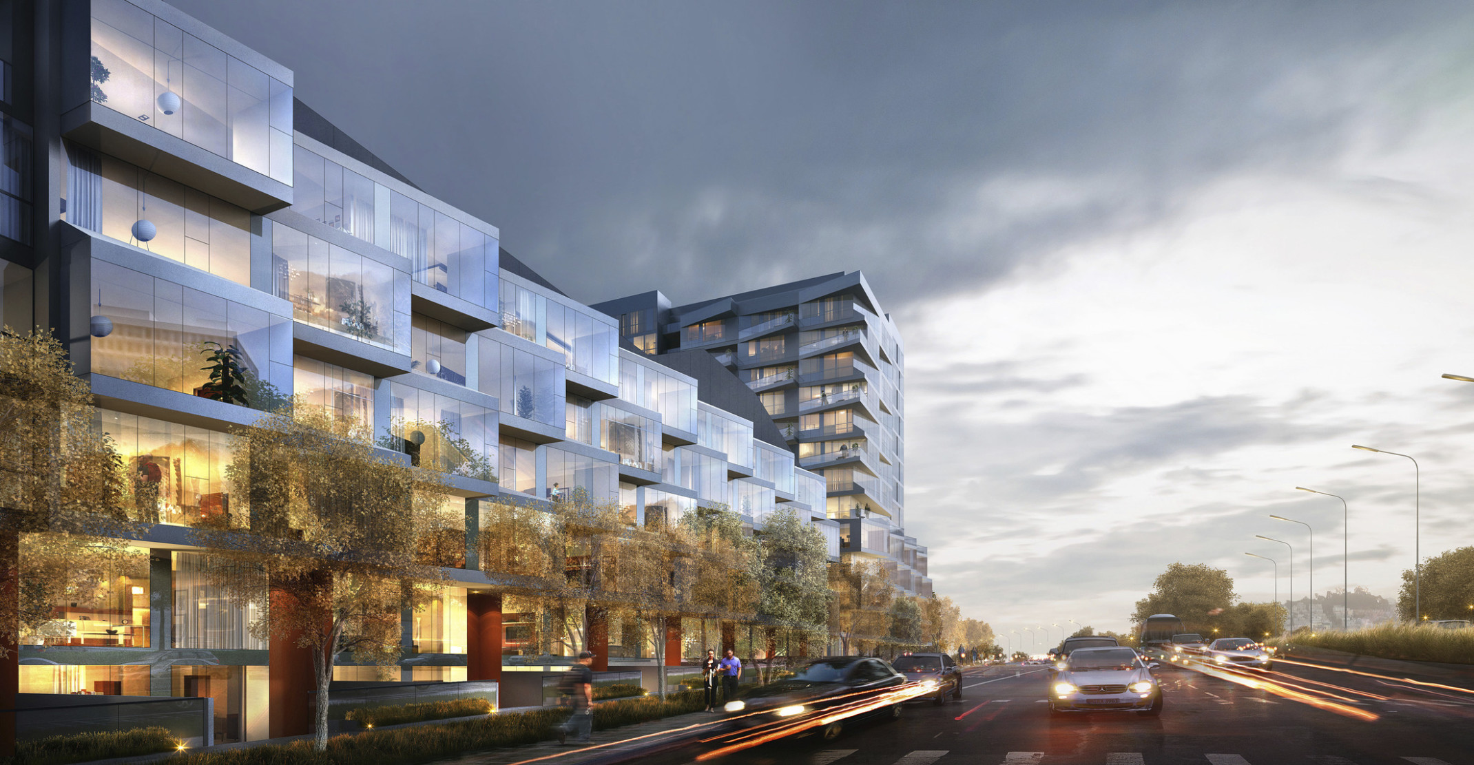 Parkmerced Block 20 has an angled stepped glass facade. Lower midsection with tower behind Parkmerced Block 20 has an angled stepped glass facade. Lower midsection with tower behind