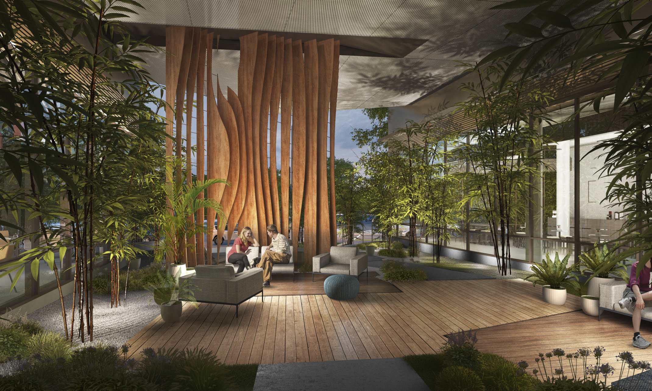 Interior of the Tetra, Marriott Autograph Collection & AC Hotel Silicon Valley. Seating by abstract wood sculpture and trees Interior of the Tetra, Marriott Autograph Collection & AC Hotel Silicon Valley. Seating by abstract wood sculpture and trees
