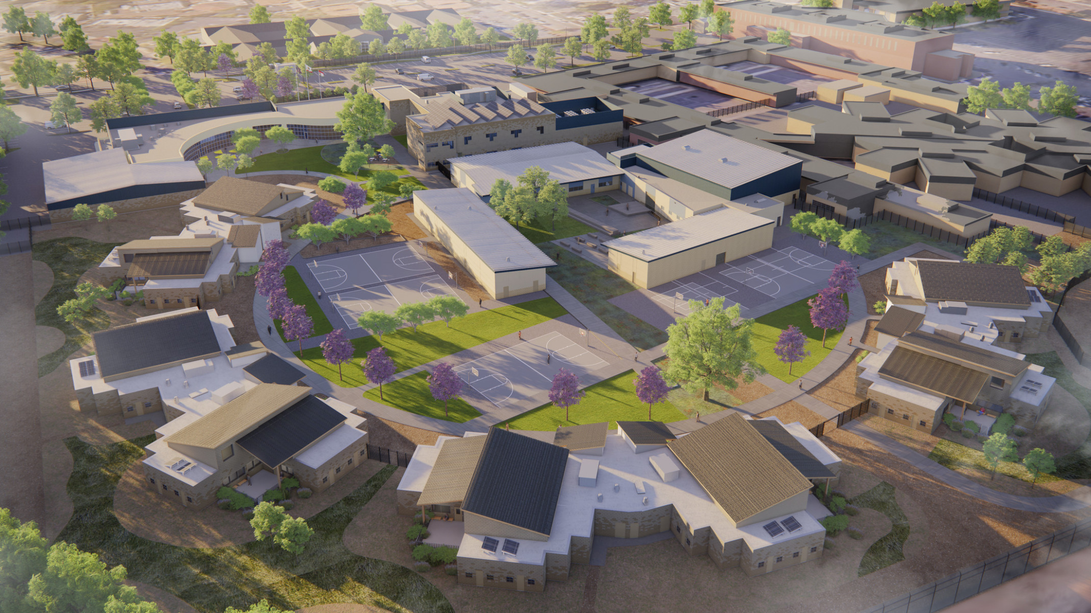San Diego Youth Transition Campus aerial site rendering with arc of buildings surrounding courtyard with basketball courts San Diego Youth Transition Campus aerial site rendering with arc of buildings surrounding courtyard with basketball courts