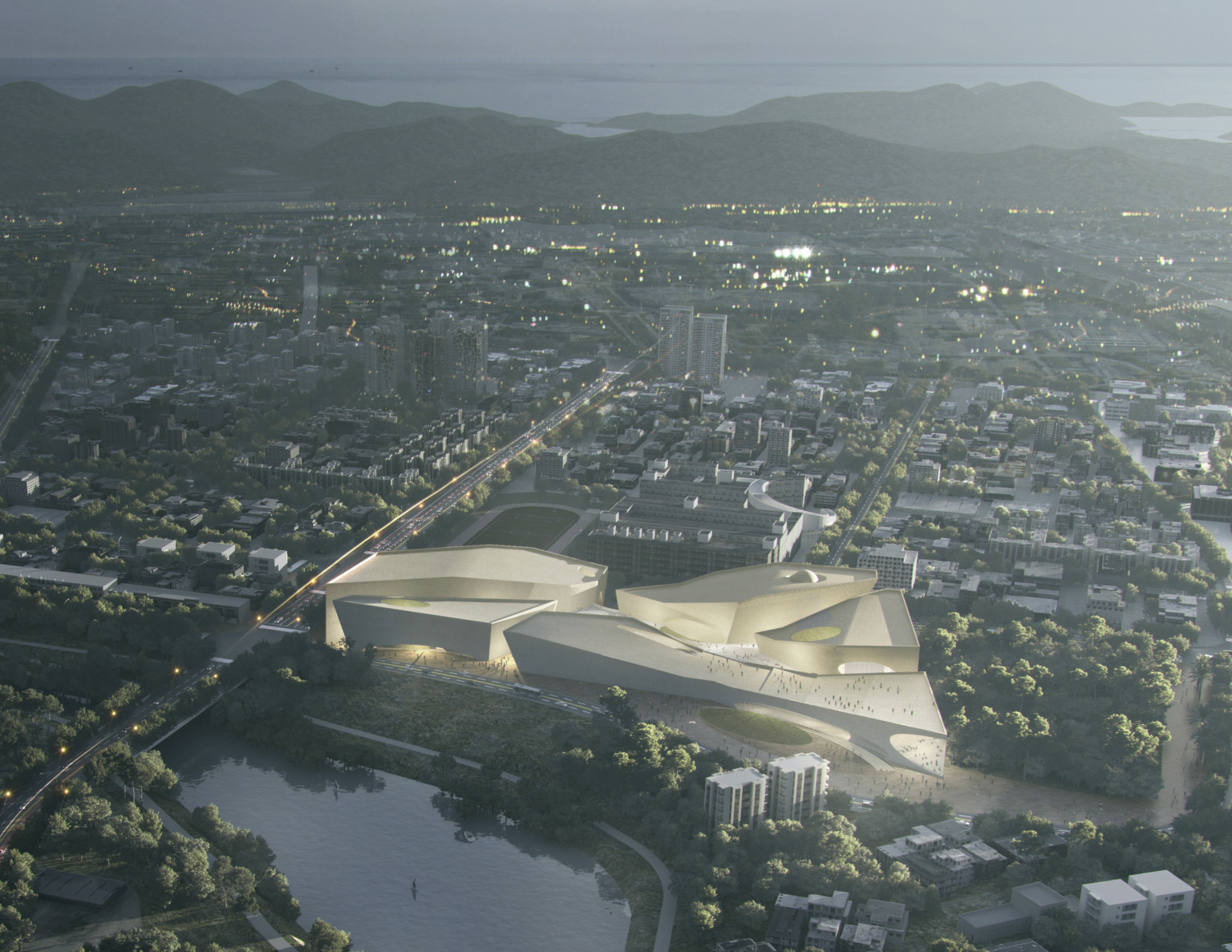 Aerial view of museum showing the interconnection of different organic building segments Aerial view of museum showing the interconnection of different organic building segments