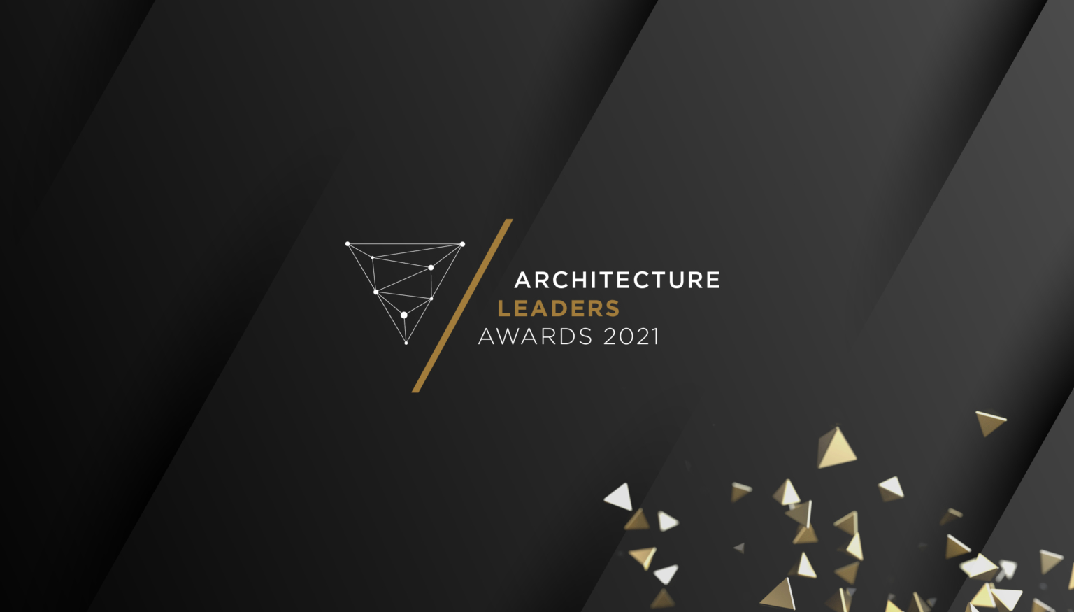 Graphic of architecture leaders awards 2021 with gold and silver text geometric shapes