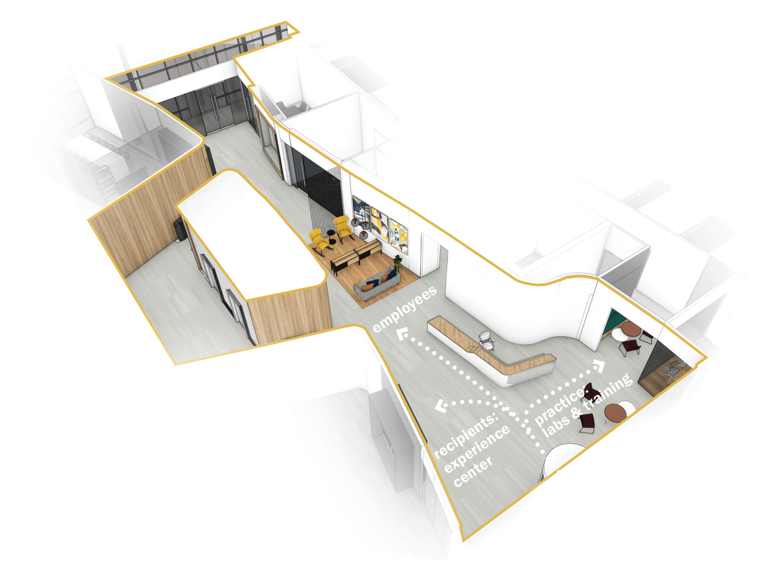 Rendering of white office lobby with wood accents from aerial view with labeled arrows of destinations of potential pathways