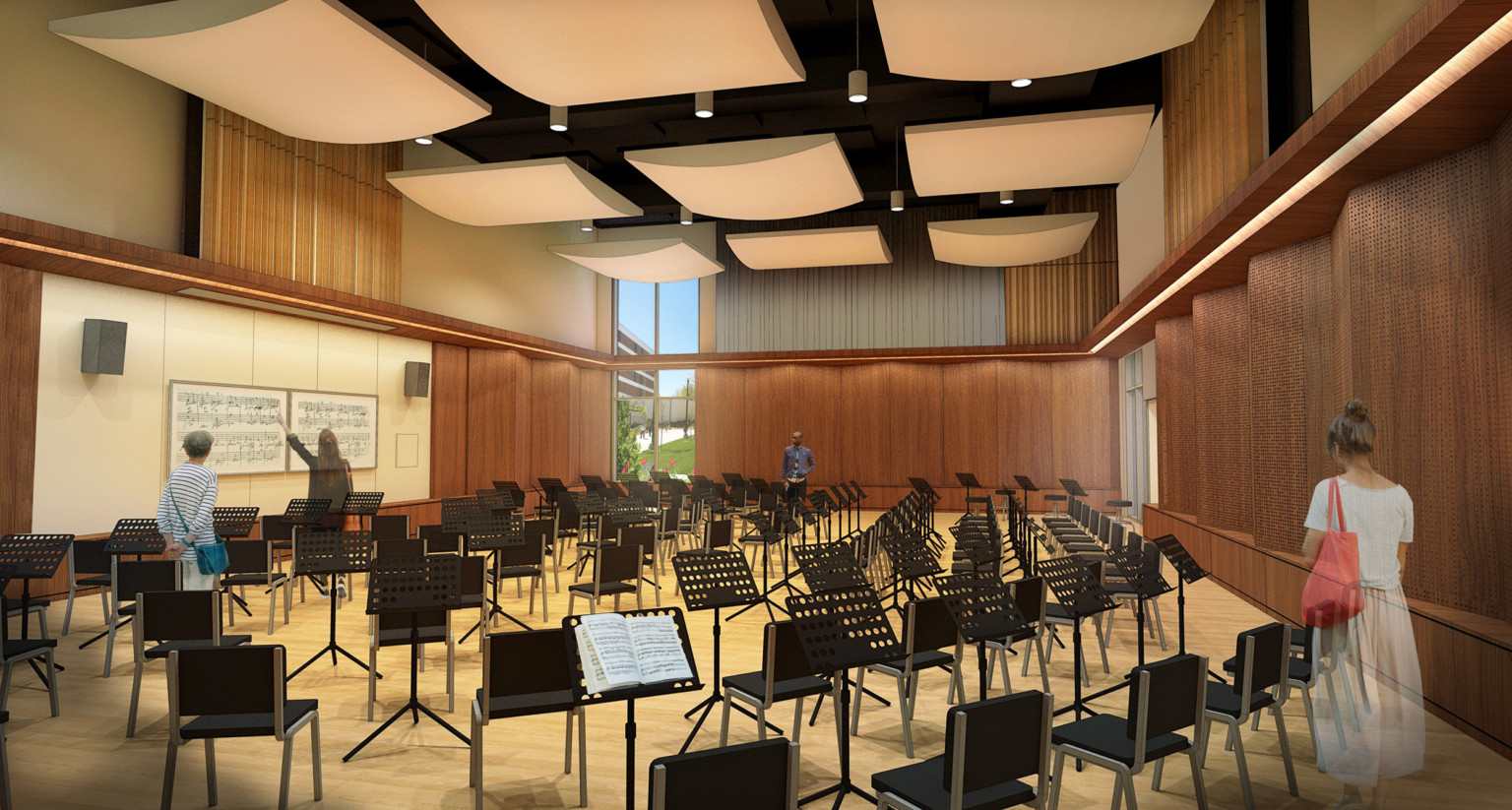 design concept of studio with angled wood panels on the walls and acoustical sound panels on the ceiling