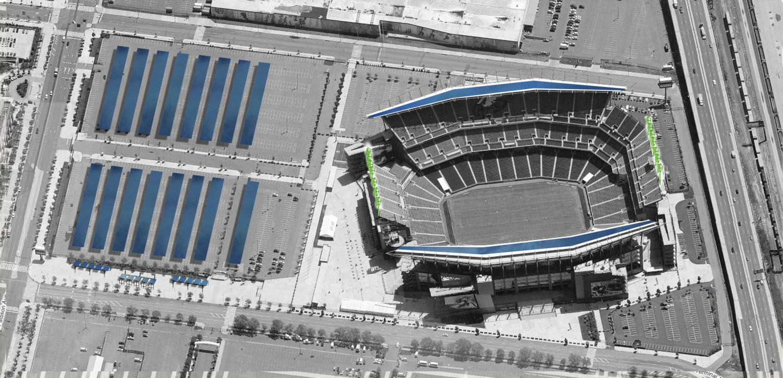 Lincoln Financial Field, home of the Philadelphia Eagles, aerial view with solar arrays over parking lot and sides of stadium