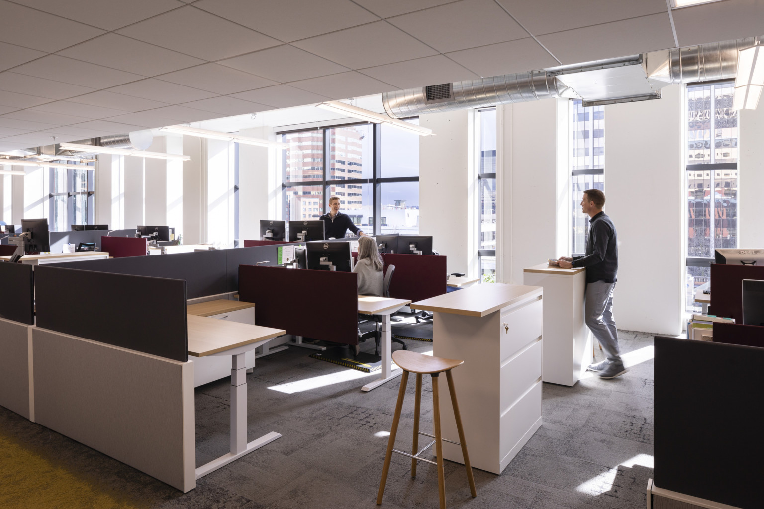 Flexible work stations in perimeter office allow employees to sit or stand as they work with natural light from large windows