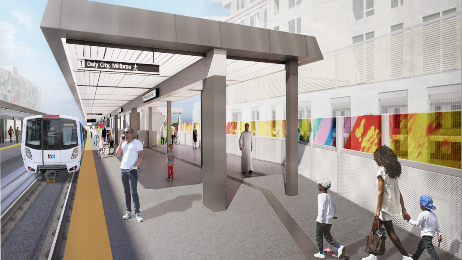Rendering of lightrail station covered by canopy with train (left). White wall left with colorful mural along top
