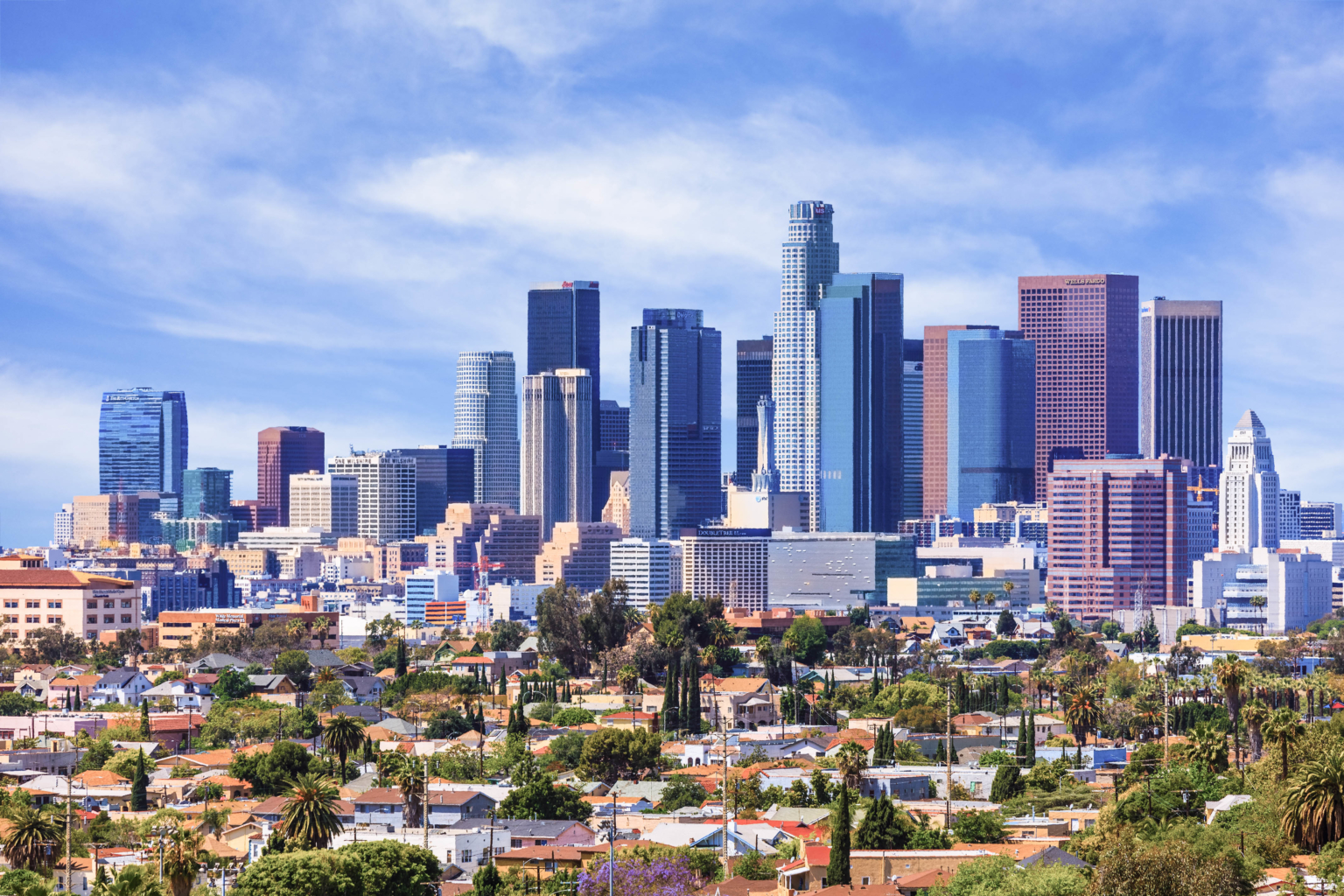 downtown los angeles skyline with a lowrise neighborhood in the foreground