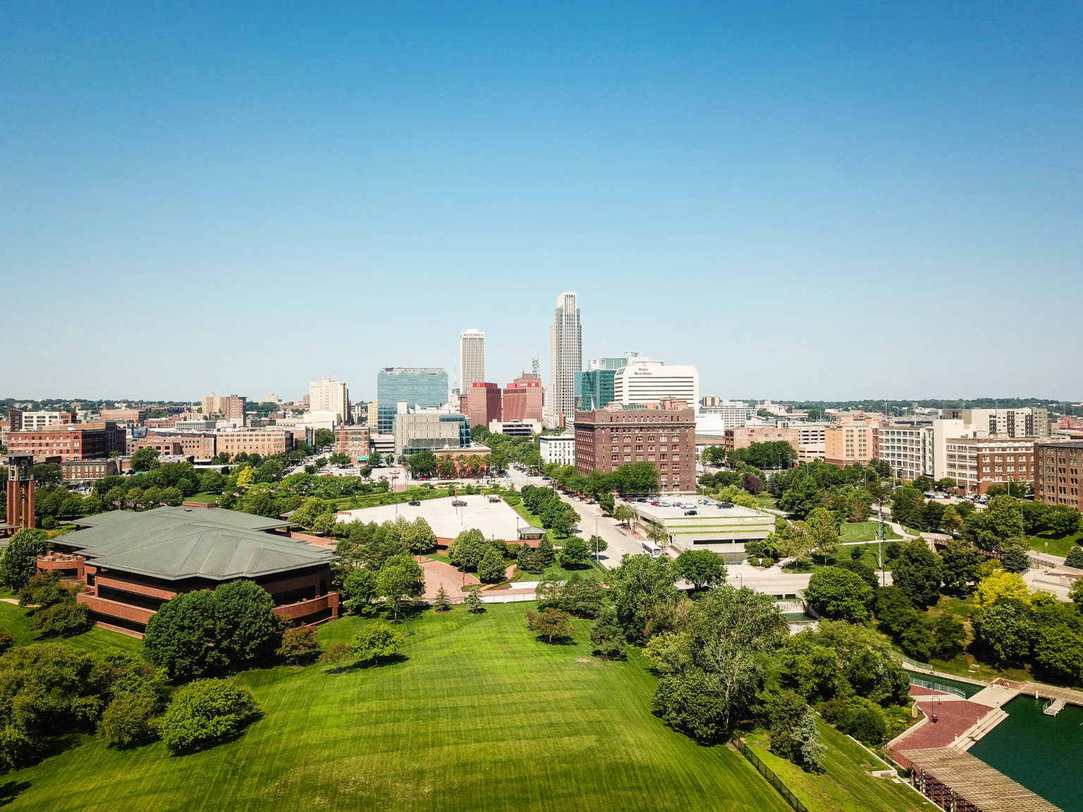 Downtown Omaha Nebraska with green space in the foreground