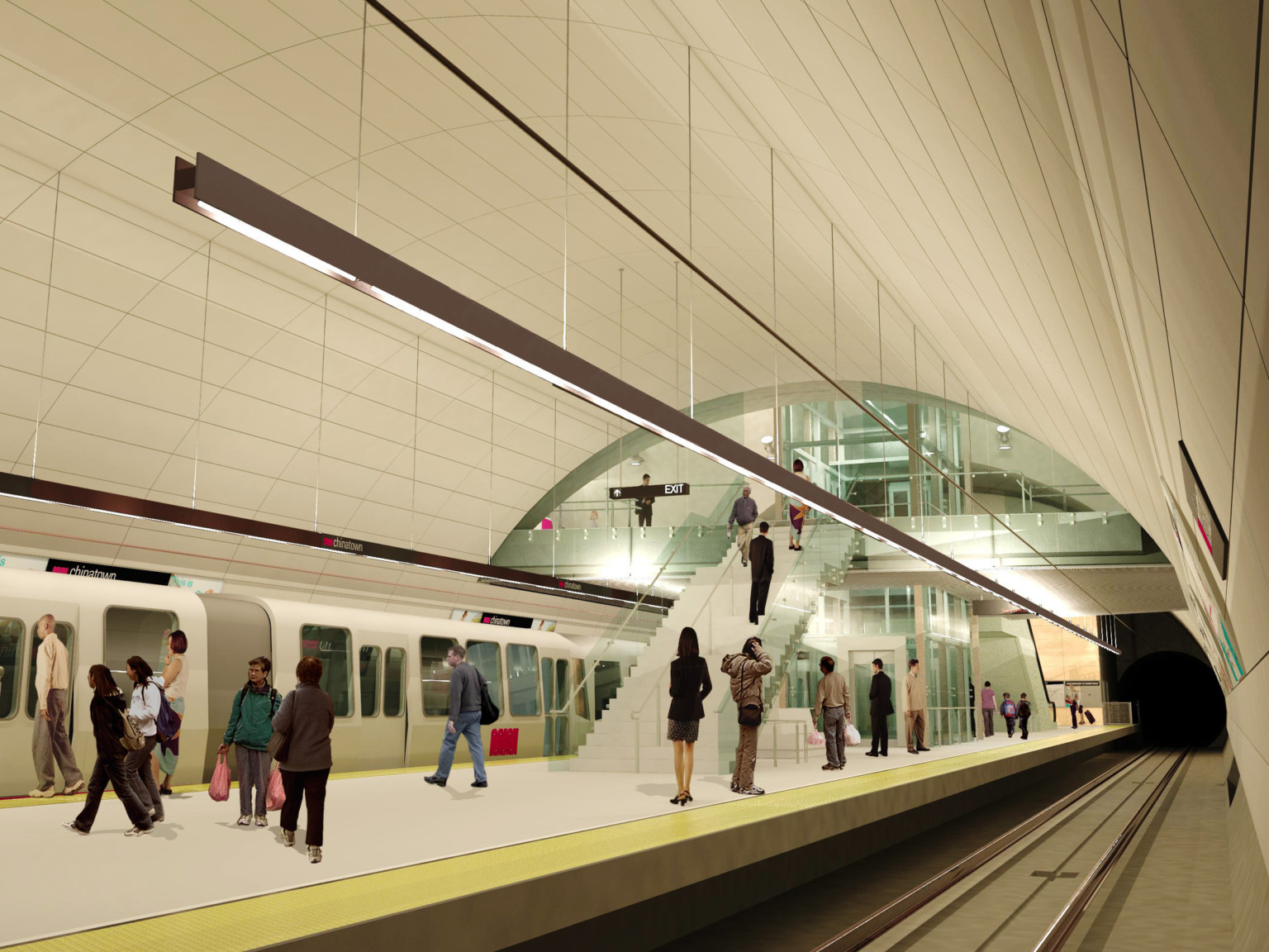 Subway tunnel with curved white ceiling and hanging light rods. Escalator and elevator at end to glass rail 2nd floor walkway