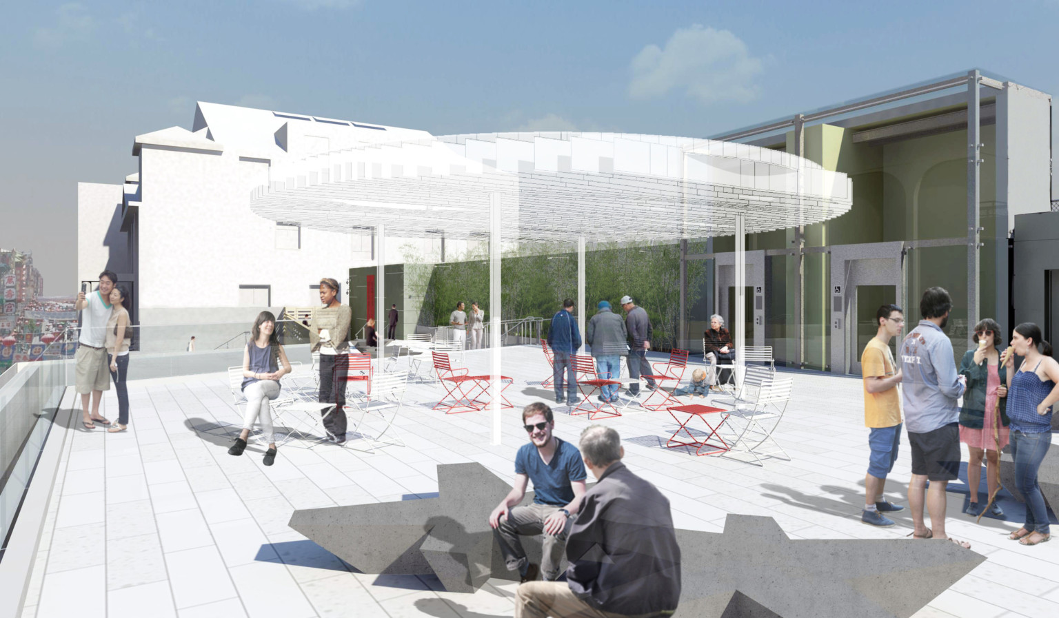 Rooftop patio with sheltered space and seating. Glass half wall along edge. 2 elevators in green shaft on back wall