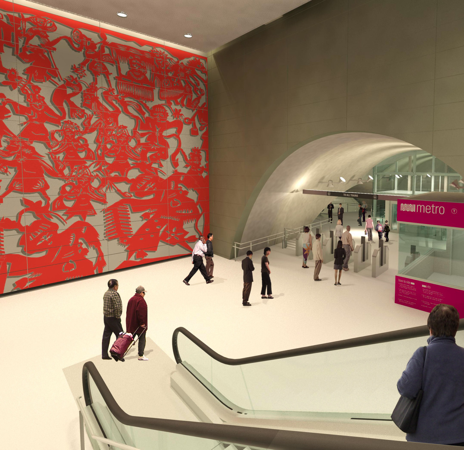 Concrete block walls with raised red sculptural mural on left. Right, arched hall with gates and ticket booth by escalators