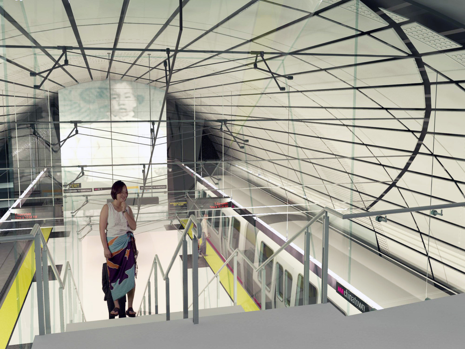 Rounded room with escalator to station below between 2 train tracks. Black grid over ceiling. Mural on wall dividing tunnel
