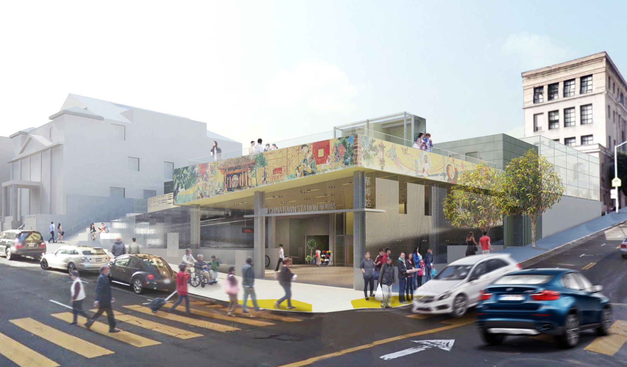 San Francisco Municipal Transportation Agency Central China Town Station entrance corner view with mural on yellow roof