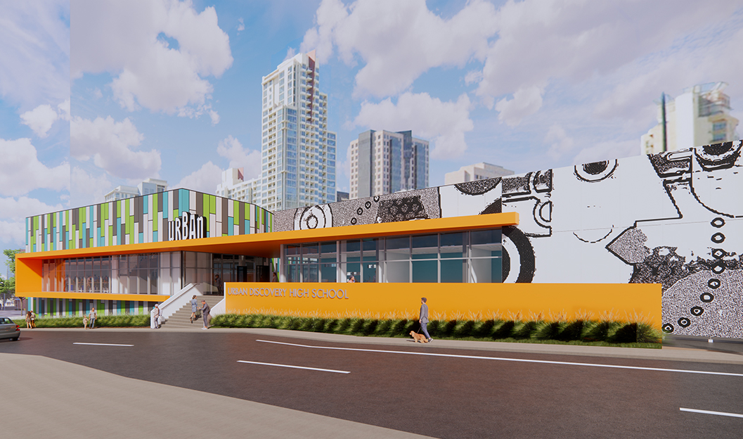 Multicolor panels, left, and wrapped yellow awning around windows at center of building. Black and white mural, right Multicolor panels, left, and wrapped yellow awning around windows at center of building. Black and white mural, right