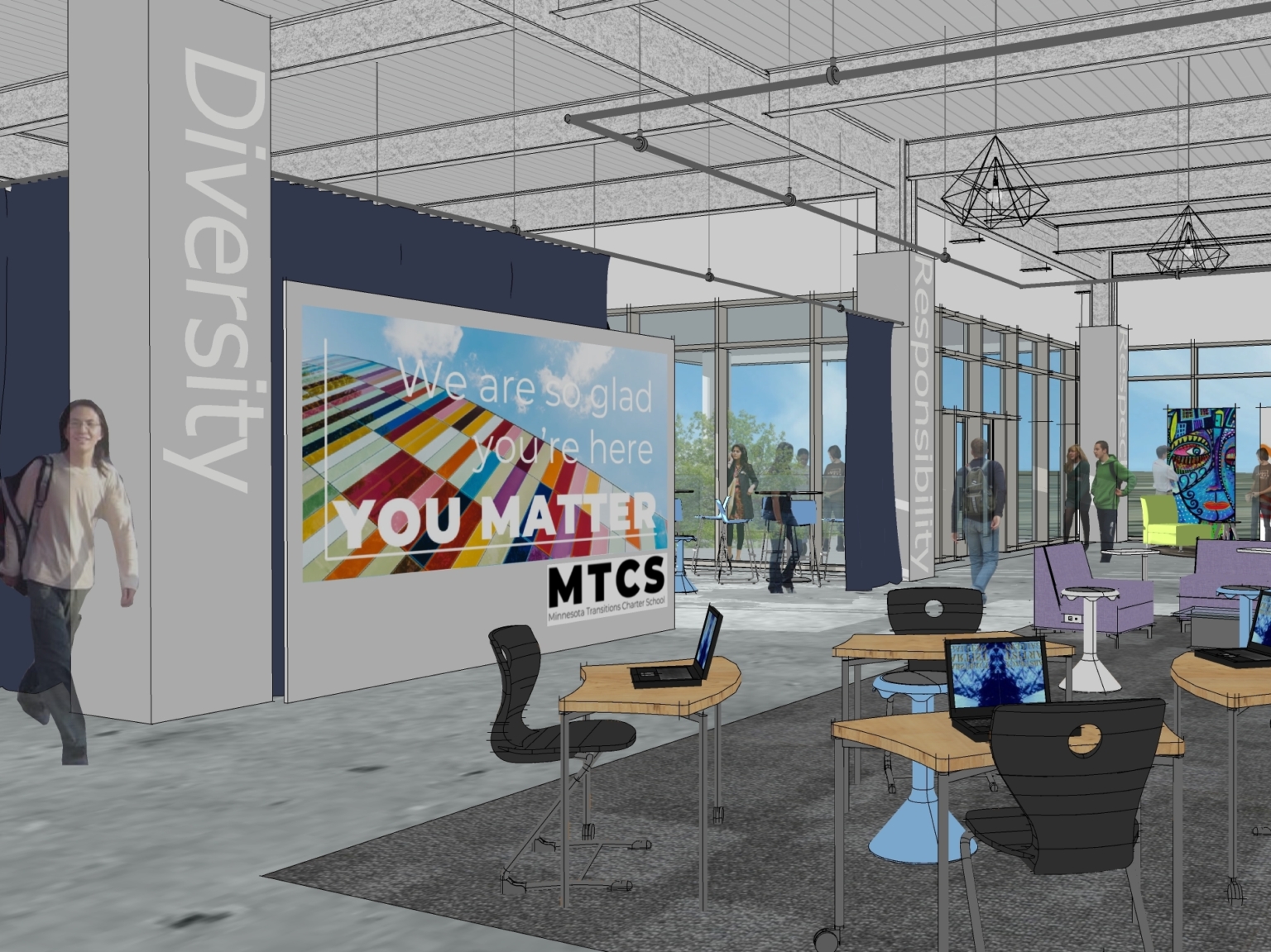 rendering of indoor seating area with tables, large murals, and floor to ceiling windows
