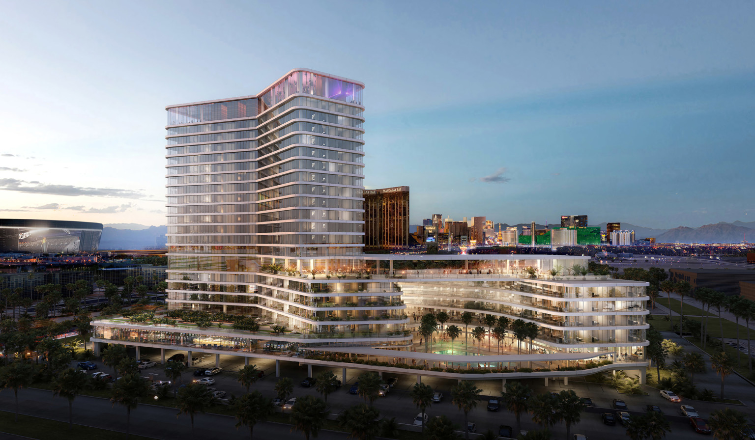 a view of the design concept for dream hotel las vegas at dusk a view of the design concept for dream hotel las vegas at dusk