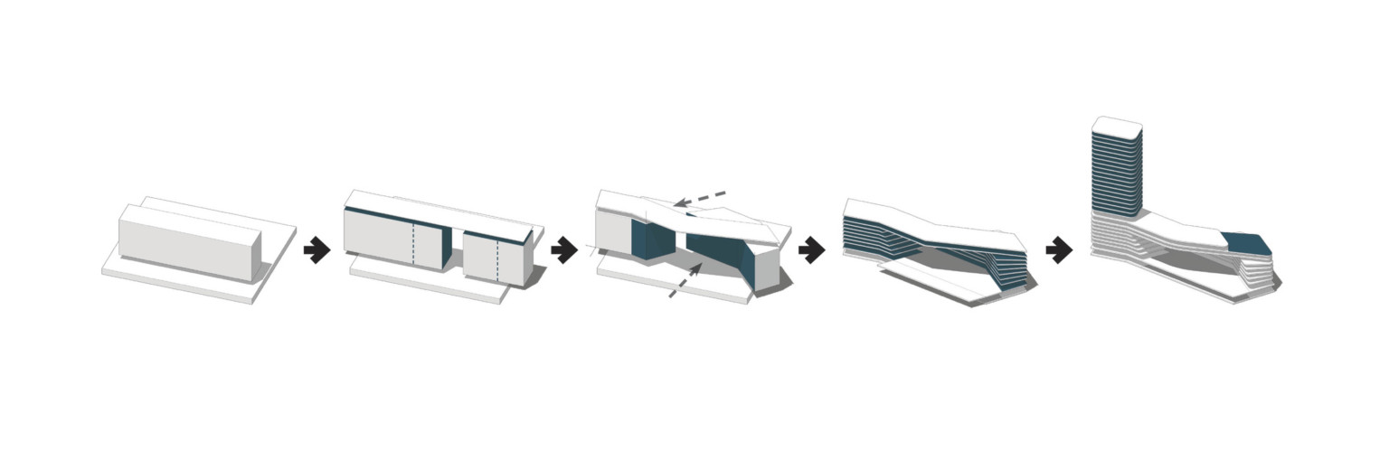 Diagram exploring evolution of the angled building base from a rectangle, and then building upper levels on top
