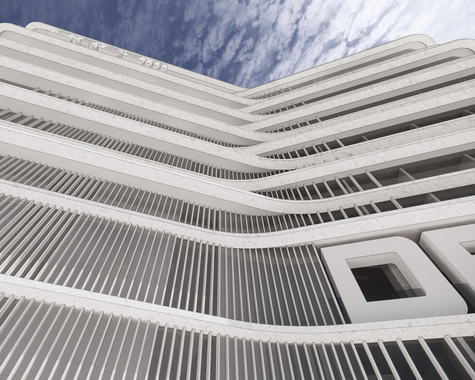 Rendering of hotel tower looking upwards. Levels curve at alternating points, weaving, with stone bars between stories