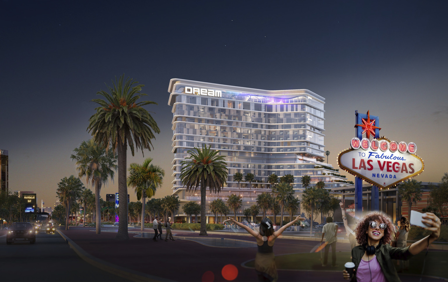 Dream Hotel on the Las Vegas strip concept design, a glass building with stepped base