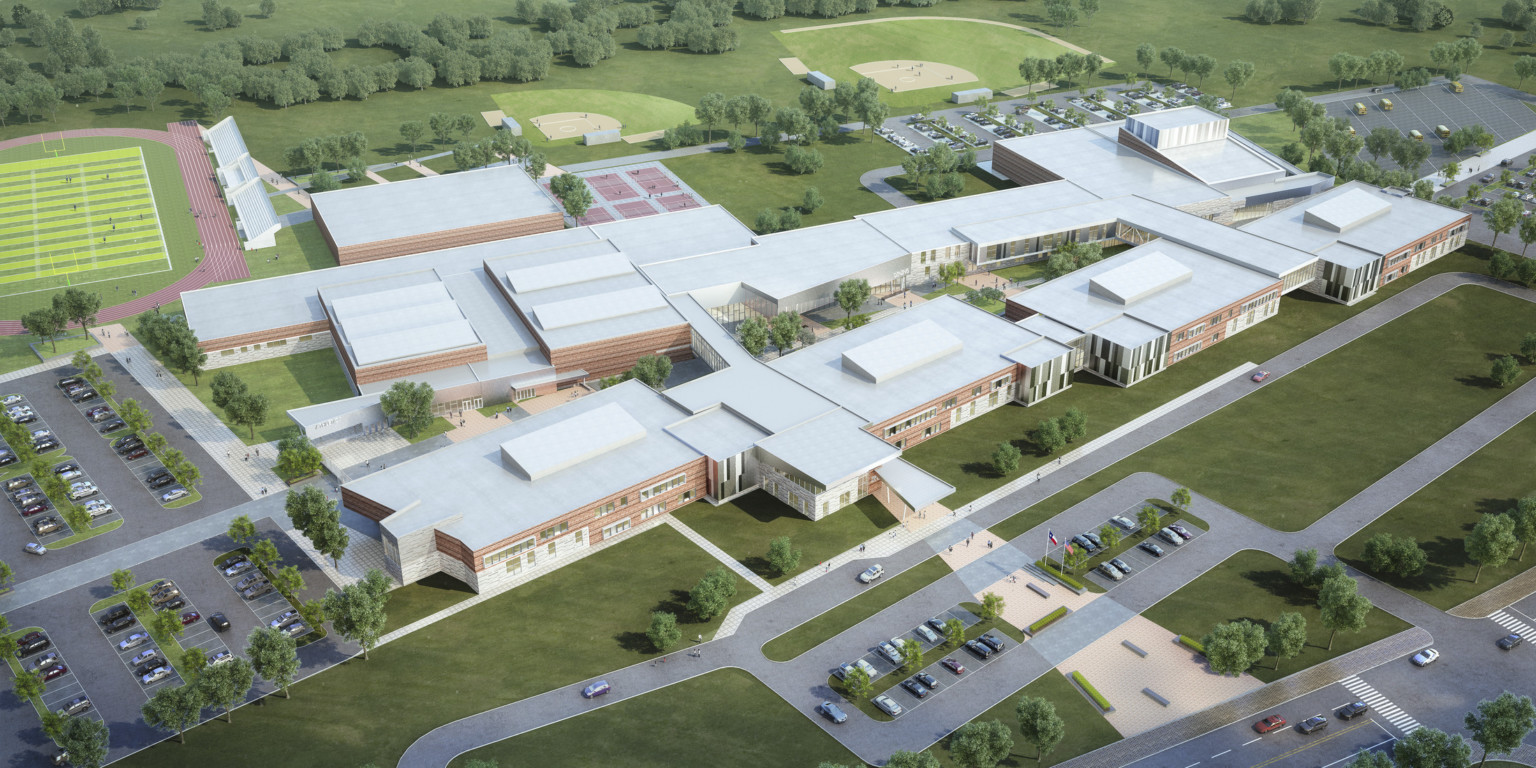 aerial view of a design concept for a large 500,000 sf school facility along an axis aerial view of a design concept for a large 500,000 sf school facility along an axis