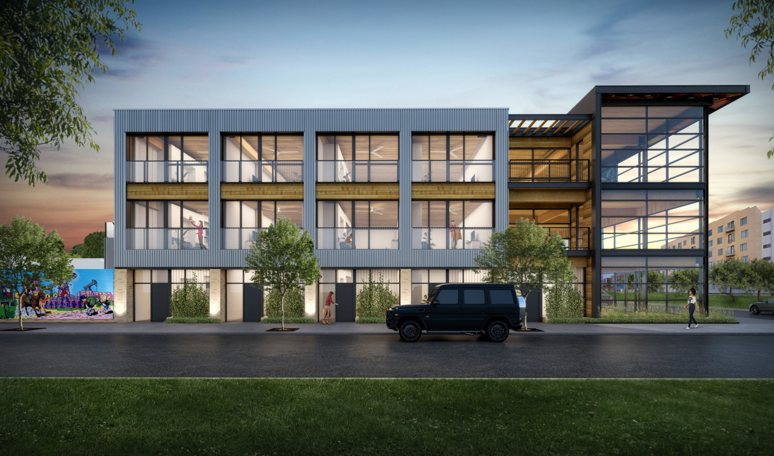3 story mass timber building with exposed steel, right, and textured white wrap facade on left around large windows