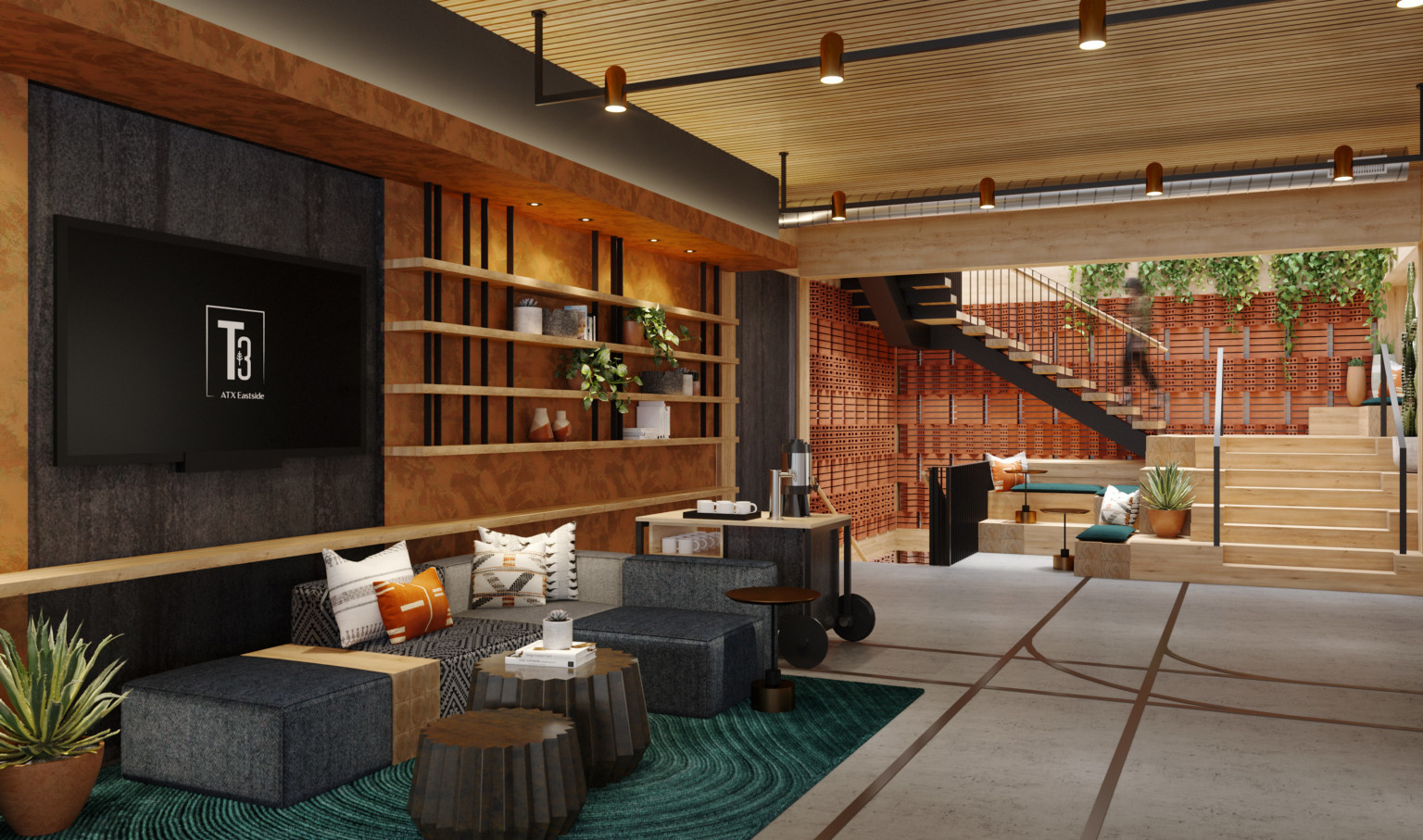 design concept for gathering space in a mass timber building in east austin, texas design concept for gathering space in a mass timber building in east austin, texas